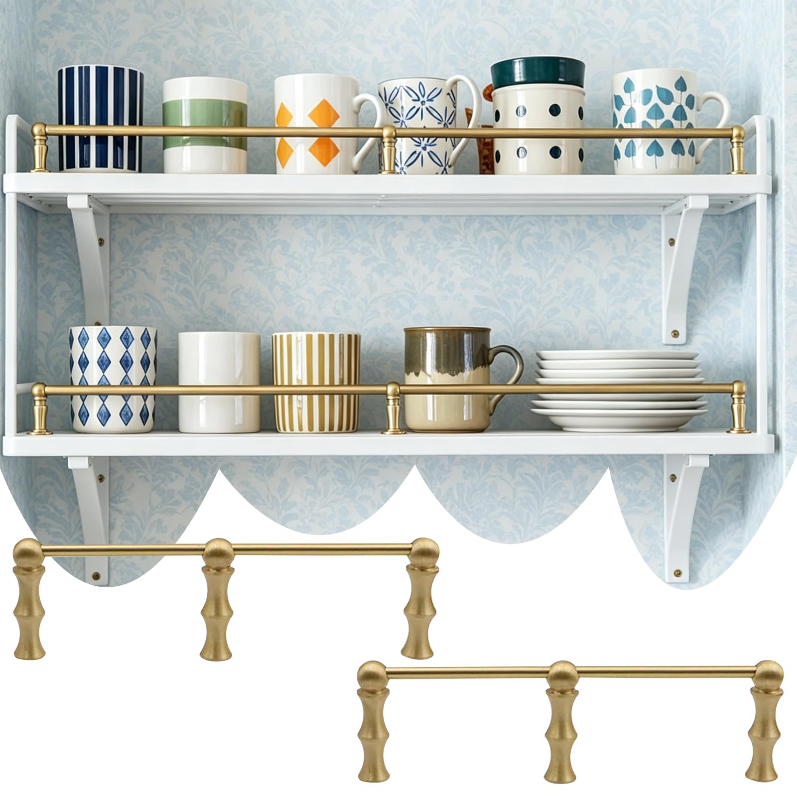 Kit di 2 guide di protezione per mensole in ottone, con paletti, aste e viti, per cucina, bagno e banconi da bar, set di guide ribaltabili da 61 cm