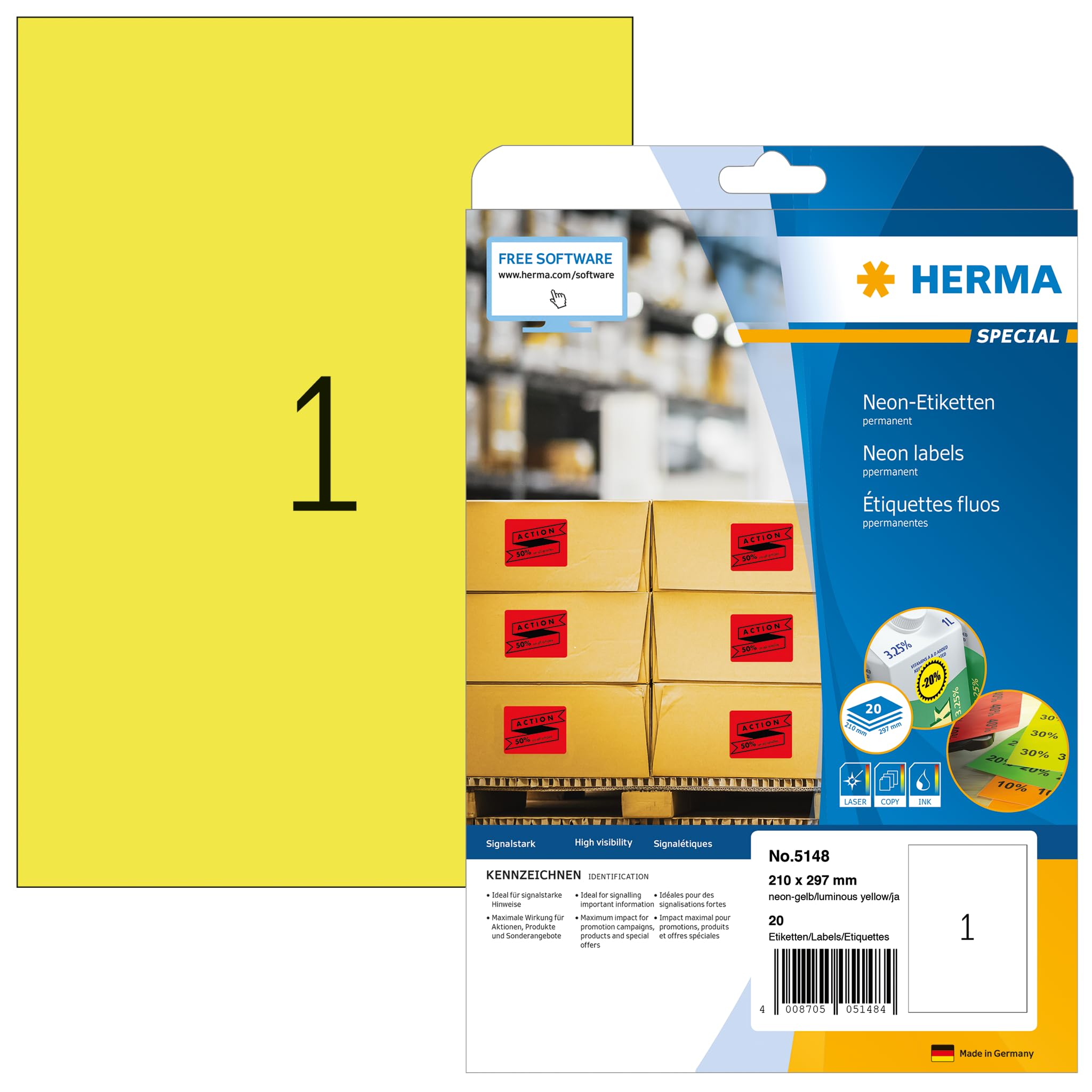 HERMA Self Adhesive Coloured Labels, 1 Label per A4 Sheet, 20 Sheets, 210 x 297 mm, 20 Labels, Blank Colour Labels Stickers, Sticky Labels for Laser & Inkjet Printer, Neon Yellow