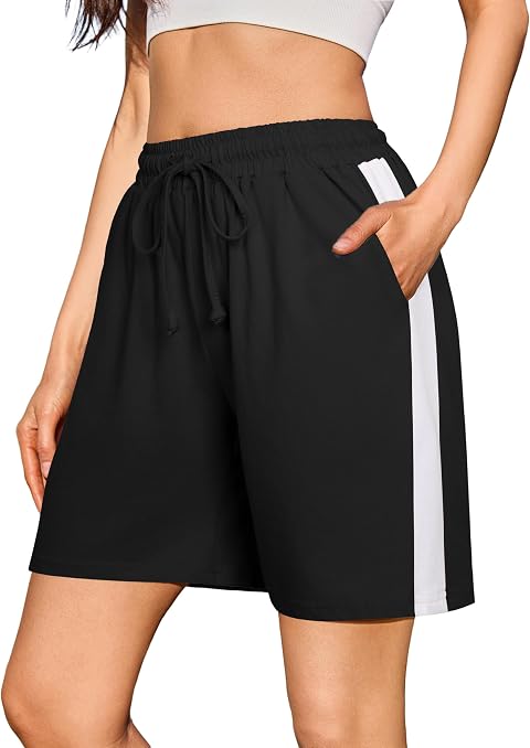 Litherday Pantalón Corto Mujer Algodón Verano Banda Lateral Bolsillos | Algodón Con Elastano Transpirable, Bolsillos Y Cordón Ajustable, Banda Lateral Deportiva Para Yoga, Running Y Verano
