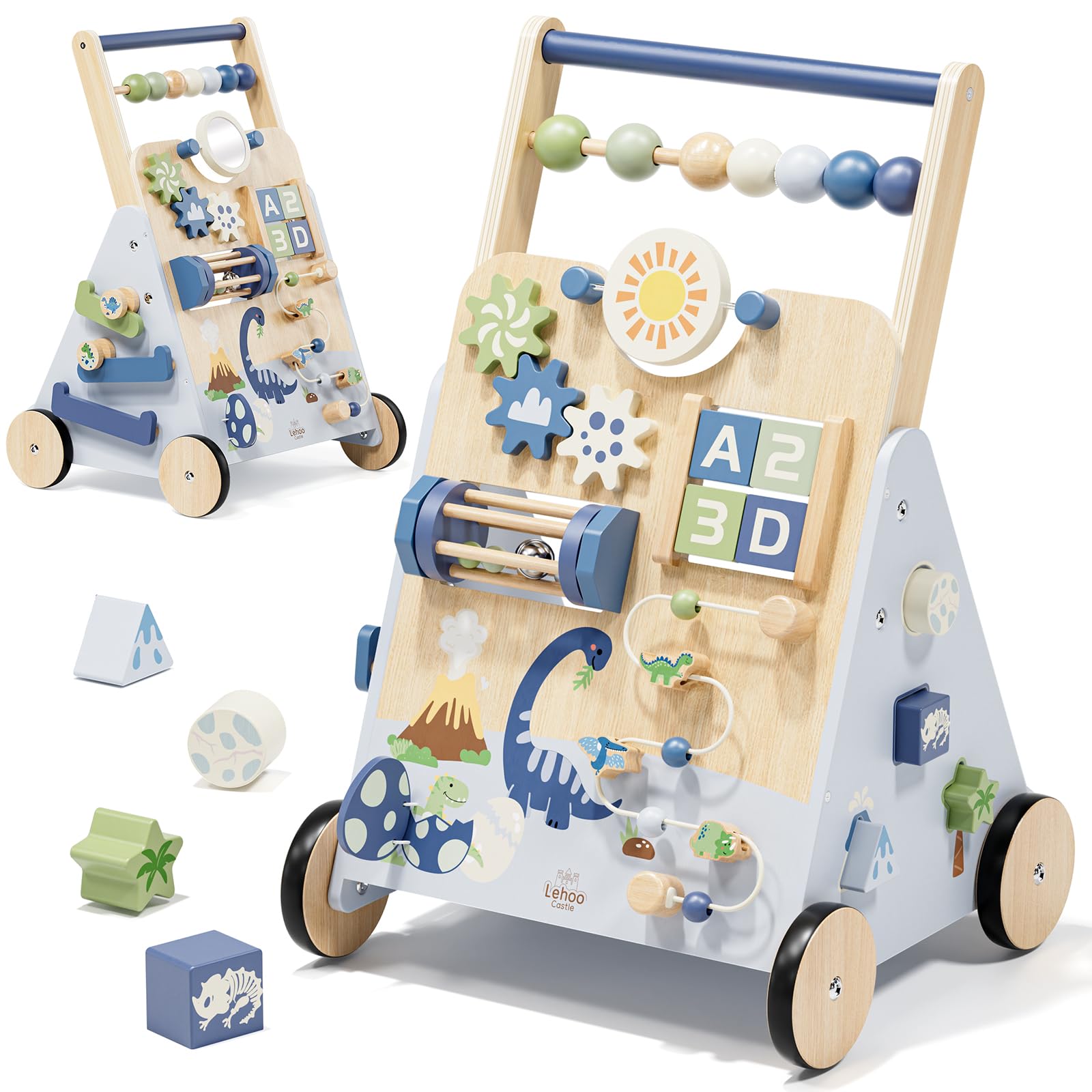 Lehoo Castle Wooden Baby Walker, Push Along Walker Baby Toddler Toys for 1 2 Year Old, Montessori Sensory Gifts for Boys Girls Age 12 Months+, Blue