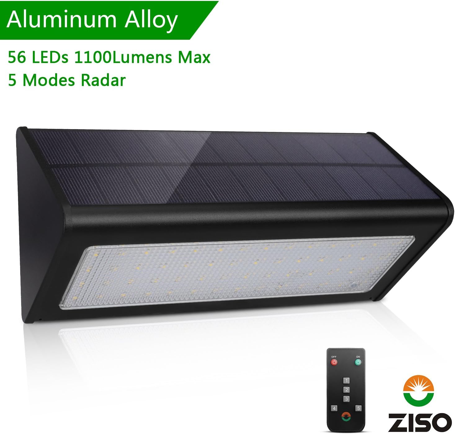 (2018 New Version) ZISO Solar Light Super Bright 56LED, 5 Modes Switch with Remote Control, Wireless Waterproof Security Motion Sensor Outdoor Light for Yard, Patio, Fence, Driveway ((56 LED) Black)