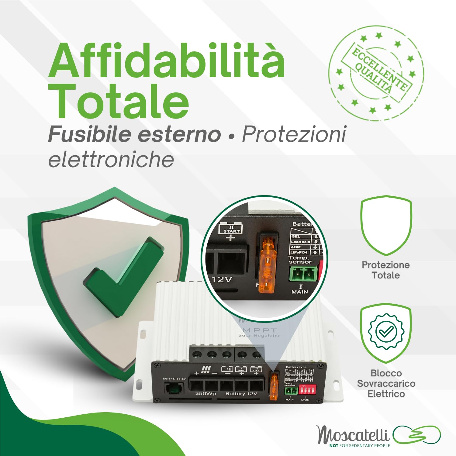 Regolatore di Carica MPPT 25A 12V per Pannello Solare 350Wp con Bluetooth – Gestione 2 Batterie Servizi + Motore – Compatibile AGM, Pb, LiFePO₄ – Fusibile Esterno e Protezioni – MOSCATELLI