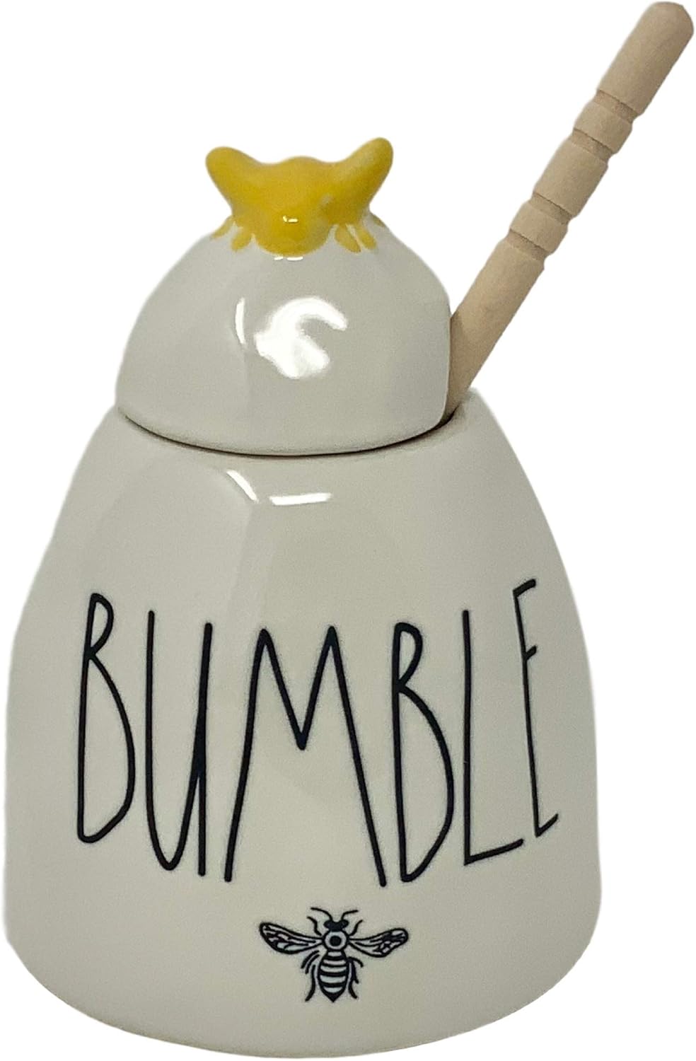 Rae Dunn Honey Pot/Honey Jar - Artisan Collection By Magenta - Cute Honey Dispenser Comes With A Wooden Honey Dipper - BUMBLE Spelled in Large Black LL Font Letters And Yellow Bumble Bee On Lid