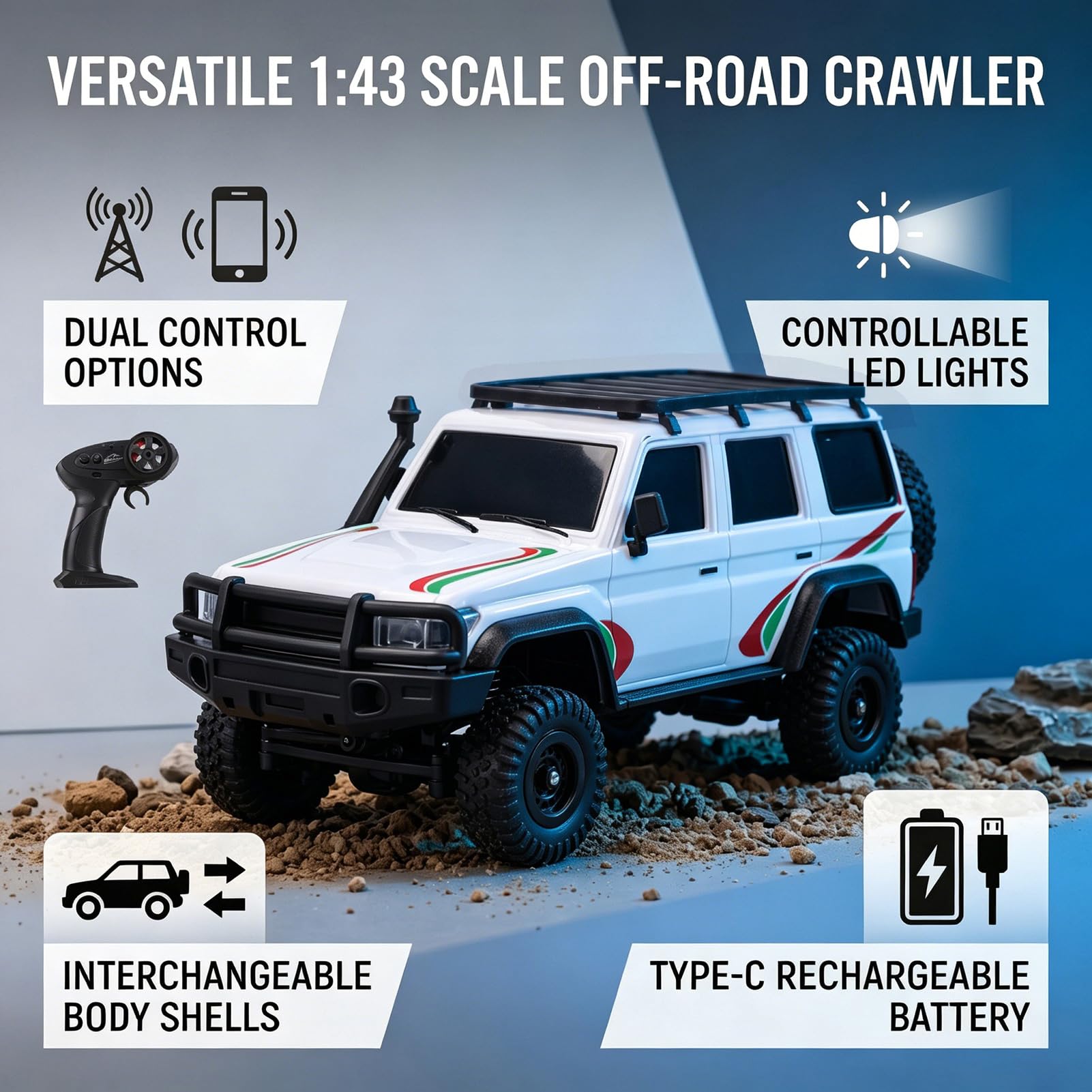 Auto fuoristrada radiocomandata in scala 1:43, auto radiocomandata 2,4G completamente proporzionale con luci LED, crawler elettrico controllato tramite app, per adulti, portata 40 m