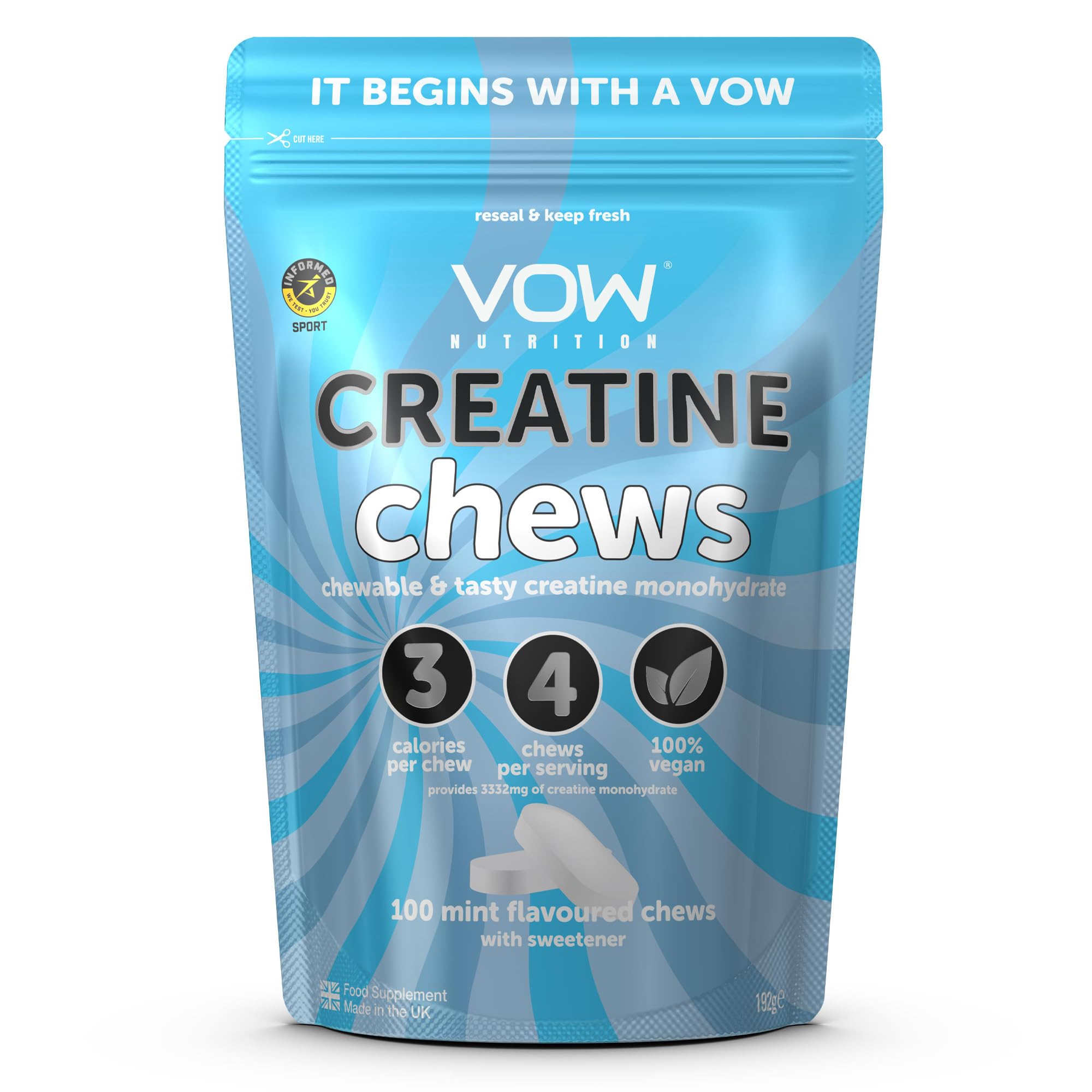 VOW Nutrition Creatine Monohydrate Chews,100 Mint Flavoured Chews, Convinient & Tasty, Informed Sports Approved