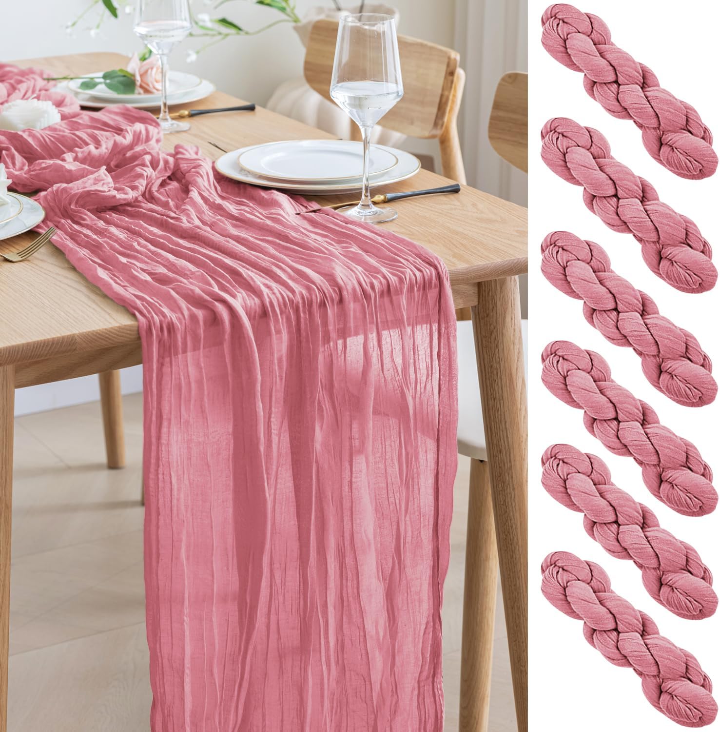 Asee'm 12pcs Cheesecloth Table Runner 120 Inches Blushing Pink Boho Gauze Cheese Cloth Runner 10FT Rustic Sheer Table Runners for Summer Wedding Baby Shower Holiday Party Decoration