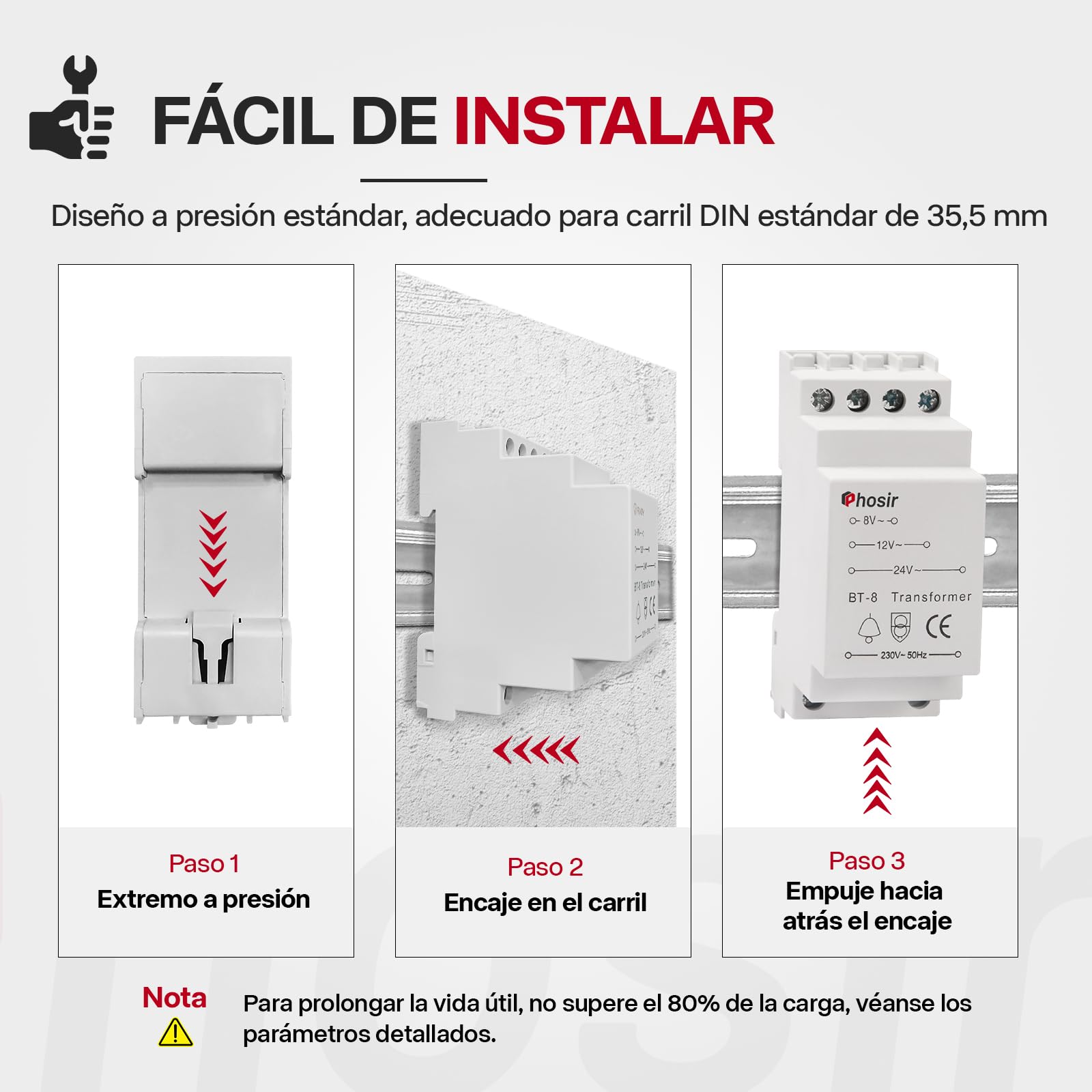 Transformador 220V 8V, Transformador 8V 12V 24V/AC Salida, 230V/AC Entrada, Max 8VA, Alimentador 12V, Apto para Timbres, Timbres Visuales, Carril de 35 mm, BT-8 No es Compatible con CC