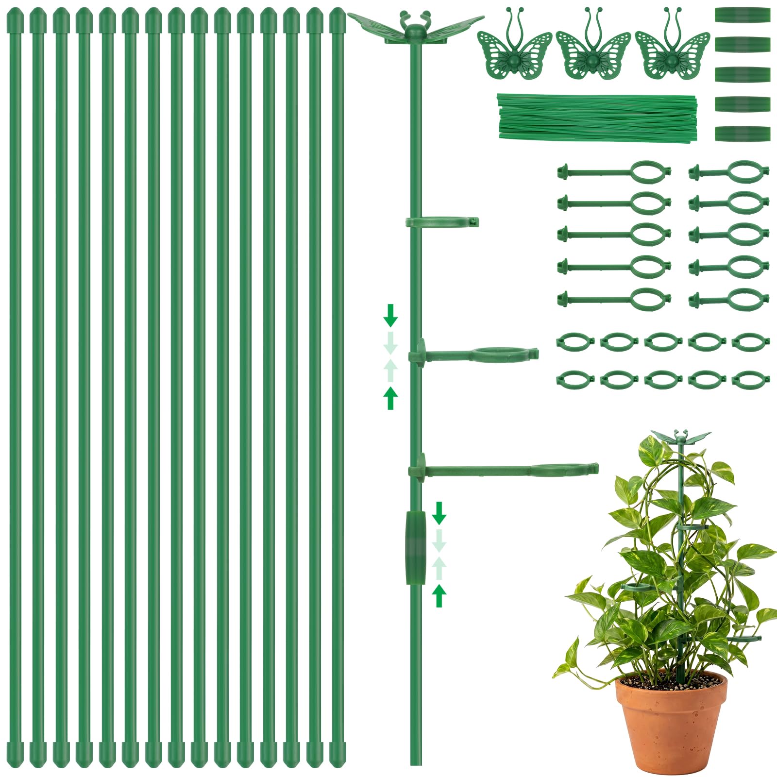 ANOMM 63PCS Plant Supports, 30cm Adjustable Plant Stakes with Clips & Ties