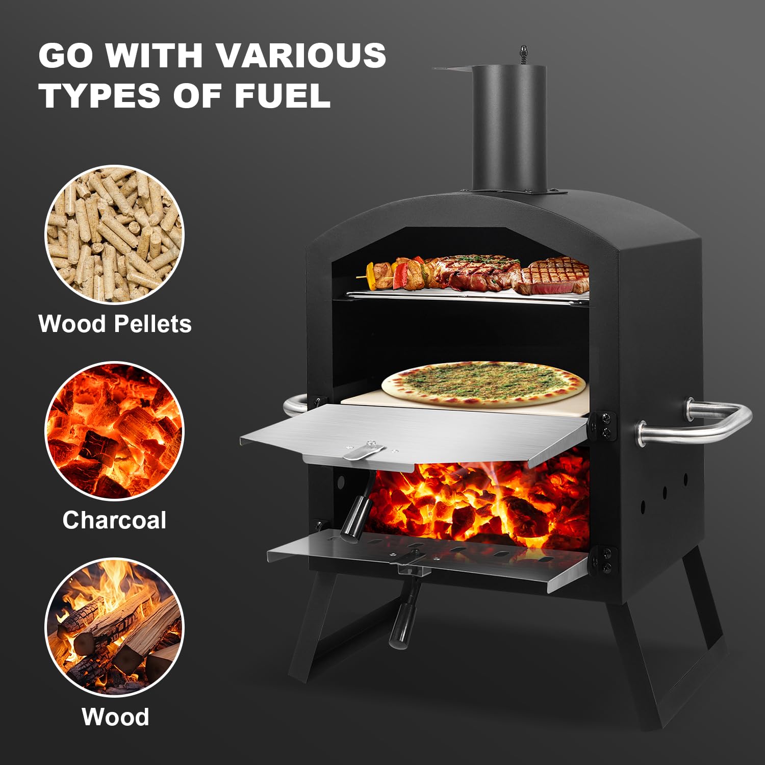 DMS® Germany Pizzaofen – mobiler Outdoor Holzofen Räucherofen - Pizzastein & Grillrost – Garten, Terrasse & Balkon – knusprige Steinofenpizza & Brot wie aus dem Holzbackofen - Kohle-/Pellets -PM-3000