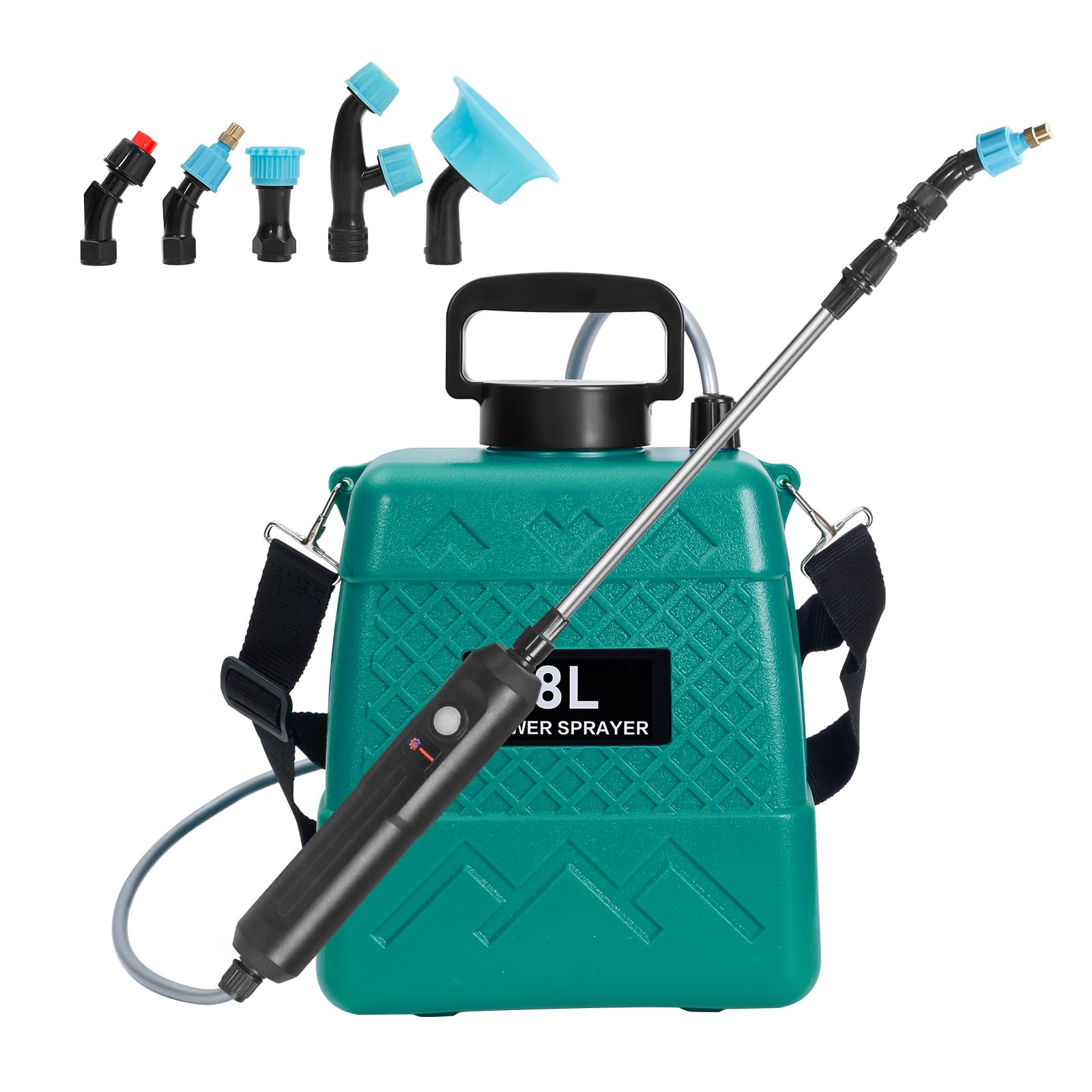 Spruzzatore da giardino da 2 galloni, spruzzatore a batteria con 5 ugelli per nebbia, spruzzatori elettrici a zaino con asta telescopica per prato e giardino
