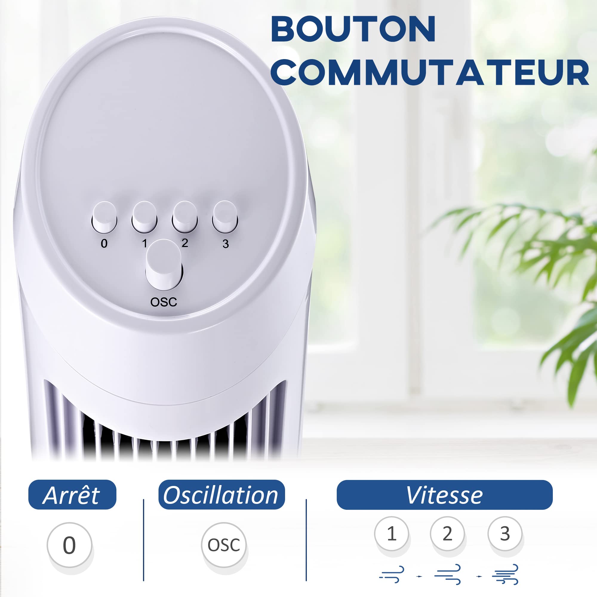 HOMCOM Ventilateur colonne silencieux et puissant 45W ventilateur tour 3 vitesses et oscillant 70°, pour chambre, bureau, 27 x 27 x 75 cm, blanc