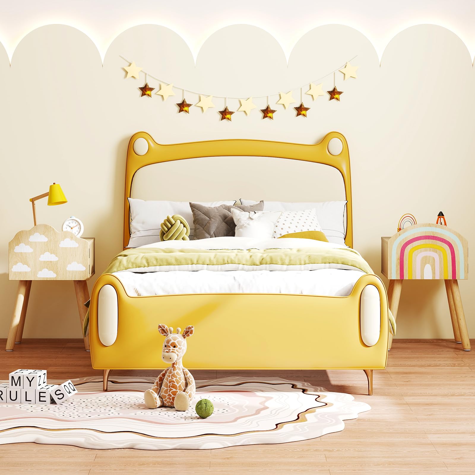 COSTWAY Lot de 2 Table de Chevet Enfant avec Motif Arc-en-Ciel et Nuage, Table de Nuit Enfant Fille avec Portes & Pieds en Bois Massif & Dispositif Anti-basculement, 34x30x54 cm, Naturel