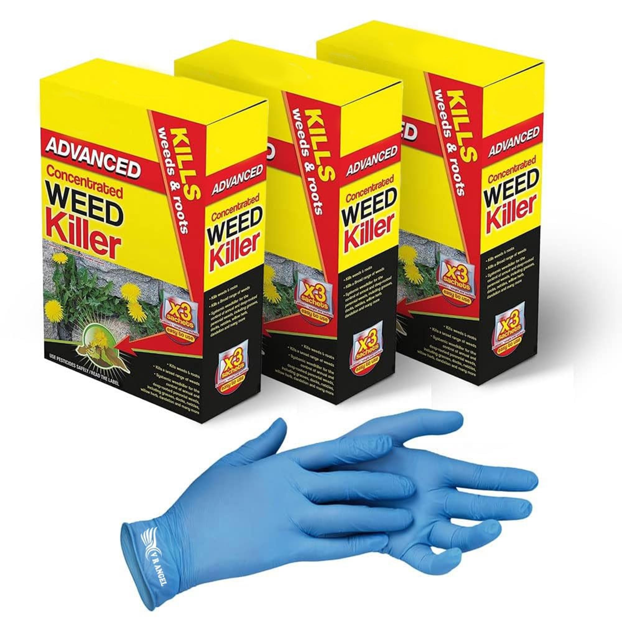 3 x Advanced Concentrated Weedkiller with 1 Pair Non-Sterile Gloves Super Strength and Easy to use Contains Glyphosate kills unwanted vegetation (3 x 80ml Sachet)