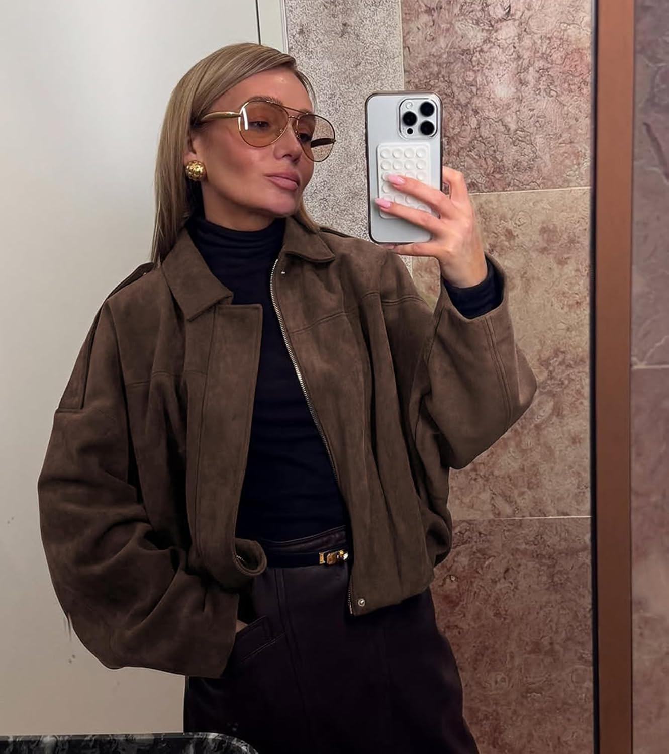 Womens Faux Suede Bomber Jacket Casual Lapel Pilot Cropped Coat Oversized Motorcycle Jackets 2025 Outerwear - Image 7