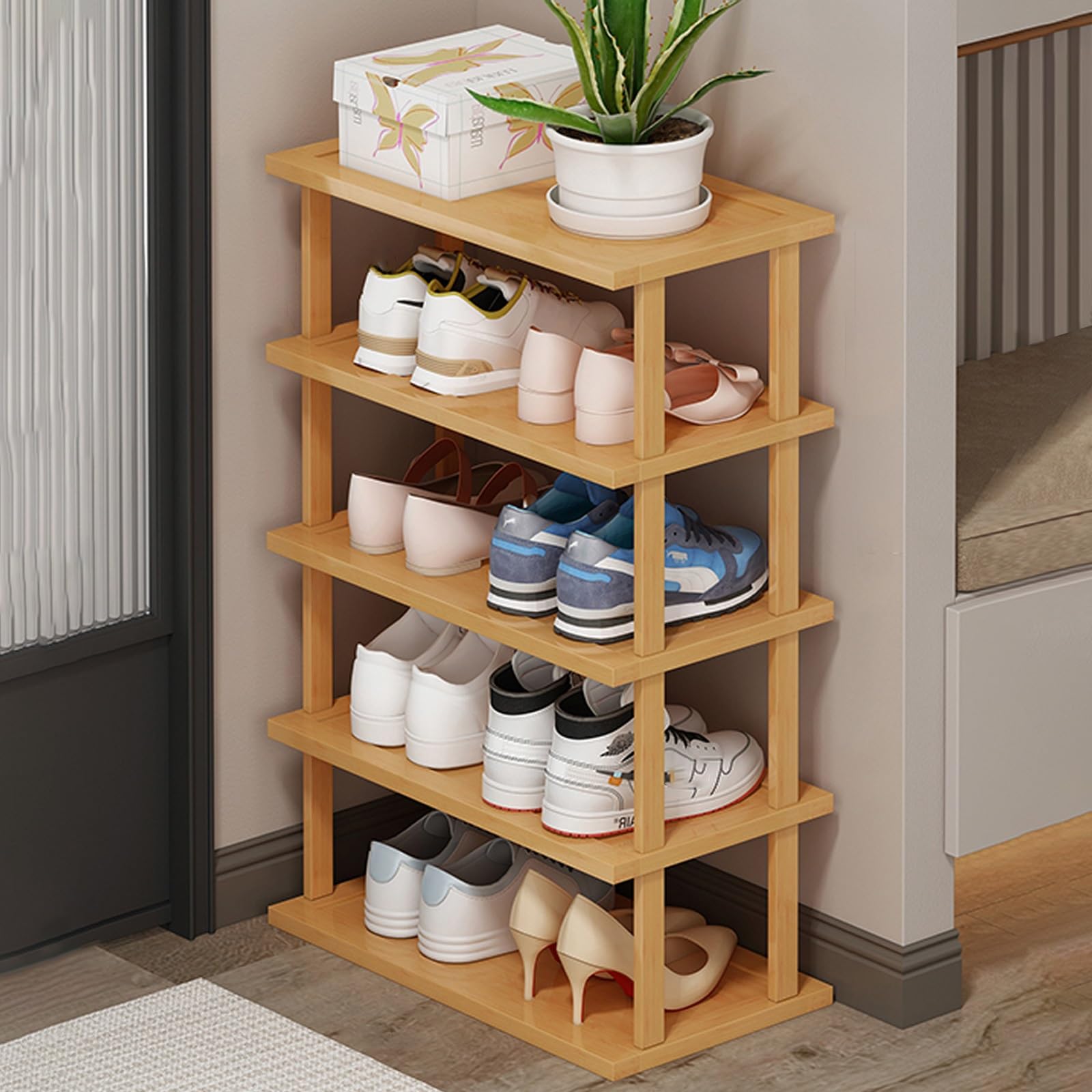 SVFOEBJM Vertical Shoe Rack, Wooden Shoe Rack for Small Spaces, DIY Shoe Shelf, Space Saving Storage, Tall Narrow Shoe Tower Organizer for Entryway Corner Garage Bedroom