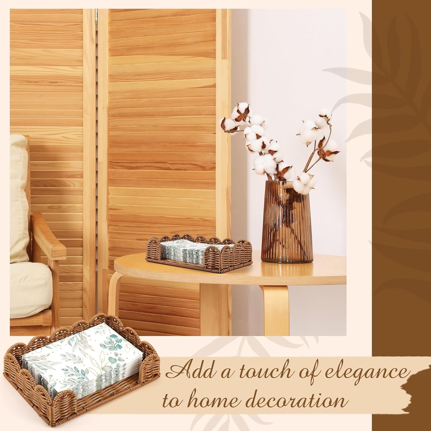 Scalloped Rattan Napkin Holder, 9.8''x6.1''x2.5'' Woven Rectangle Napkin Holder Basket, Wicker Towel Tray for Kitchen Bathroom Restaurant Table Rustic Farmhouse Decor & Organizer - Image 7