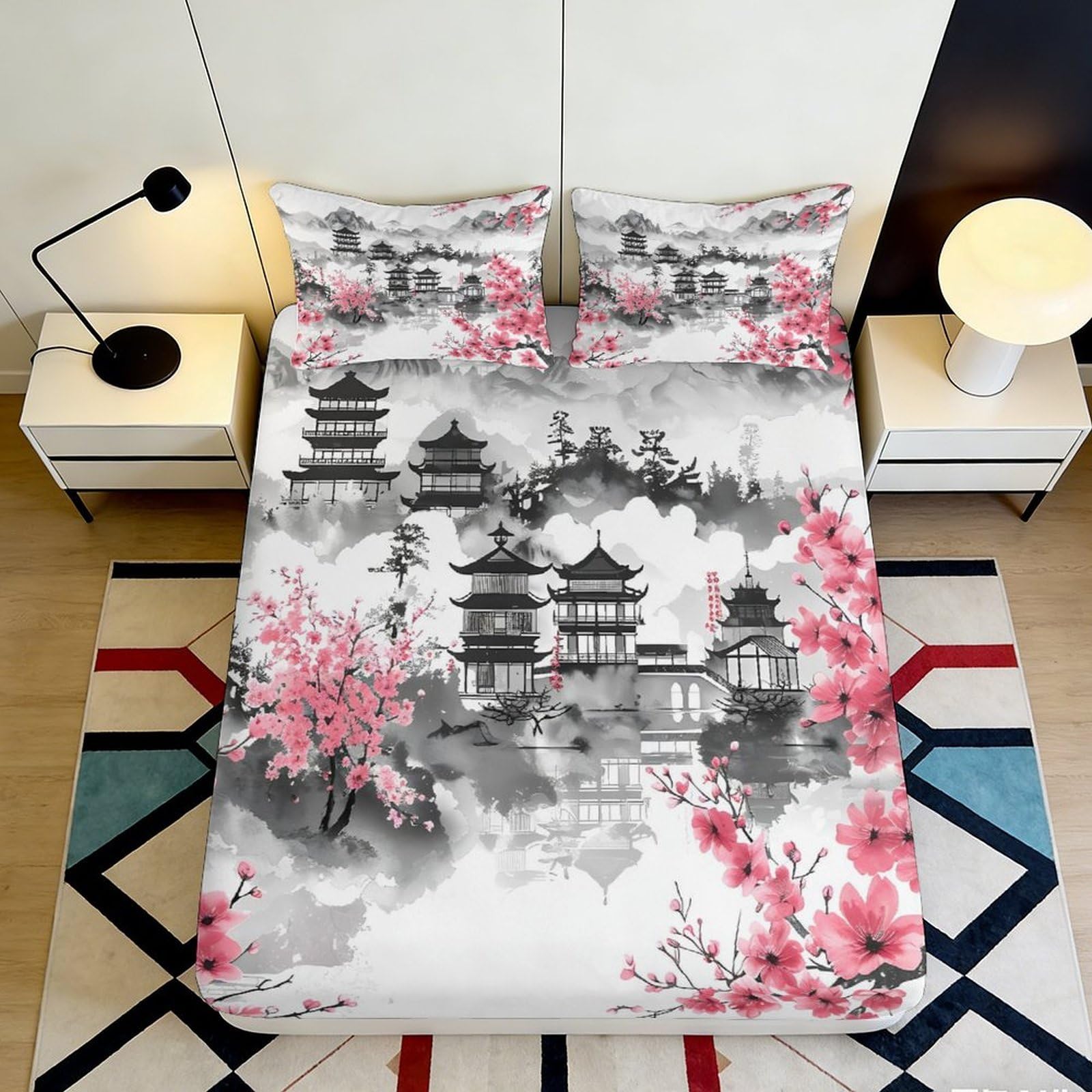 Pnayamiorkfel Style-1 3D Printed Japanese Sakura Landscape Fitted Sheet Microfiber Soft Pagoda Bed Cover For Bedroom Living Room Decor 90X200x25cm