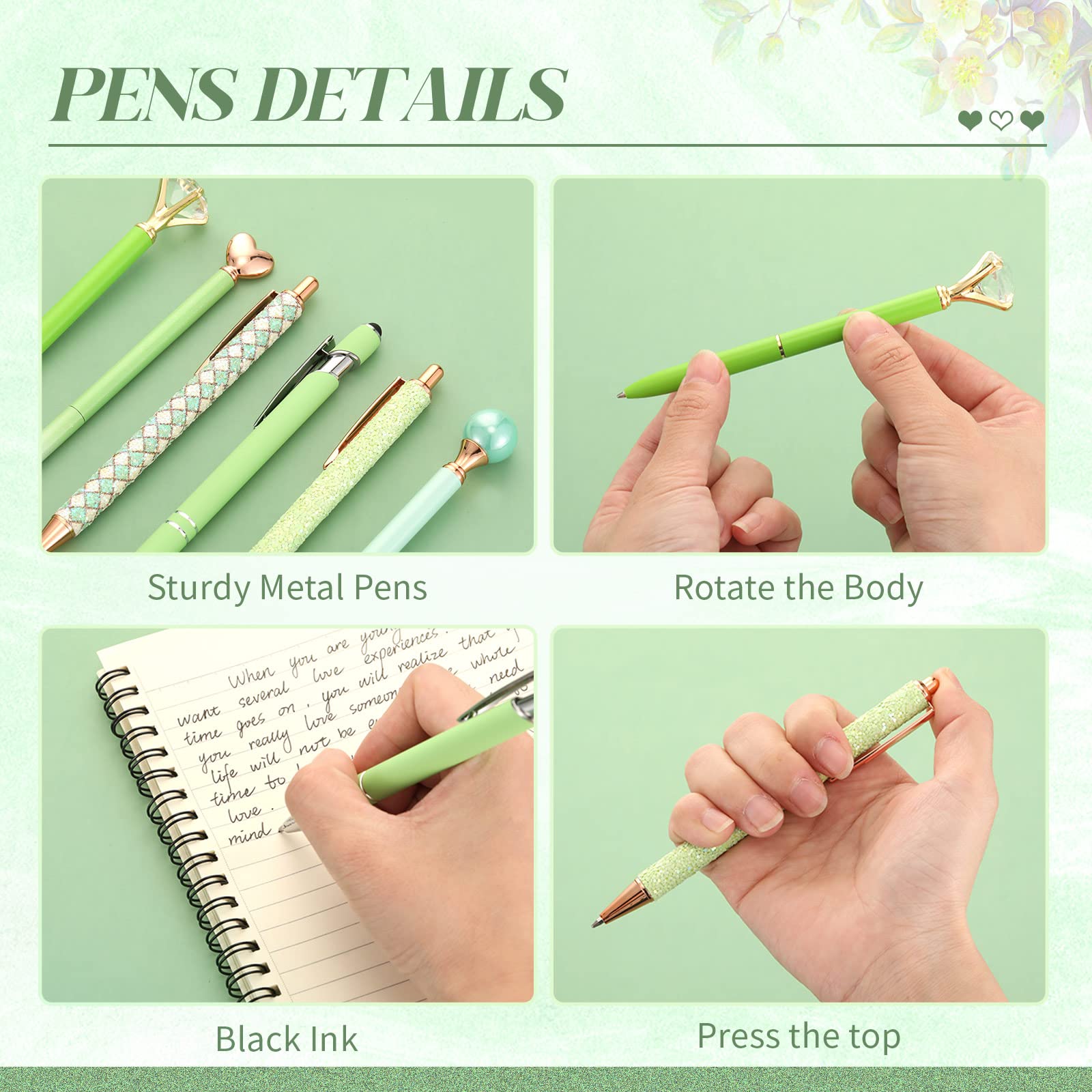 Qeeenar 6 Pcs Ballpoint Pens Set Metal Crystal Diamond Pen for Journaling Glitter Pretty Cute Stationery Black Ink Fancy Gifts for Women Girls Teacher Office Wedding School Supplies(Green Series)