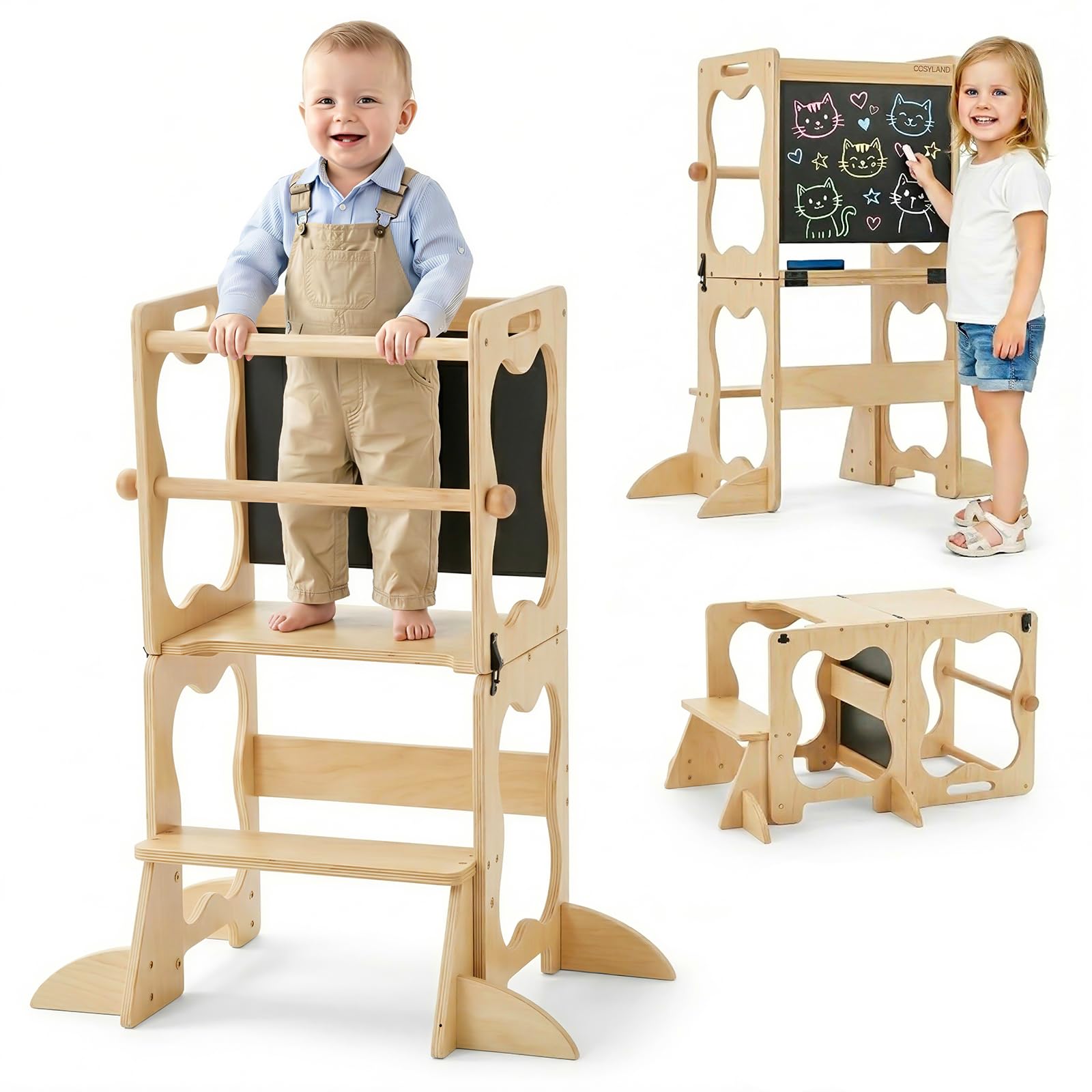 COSYLAND Torre de Aprendizaje Montessori 3 en 1 Convertible con Pizarra | Madera maciza, estructura en A con soportes de esquina; mesa con silla y pizarra para cocina, lavabo y dibujo