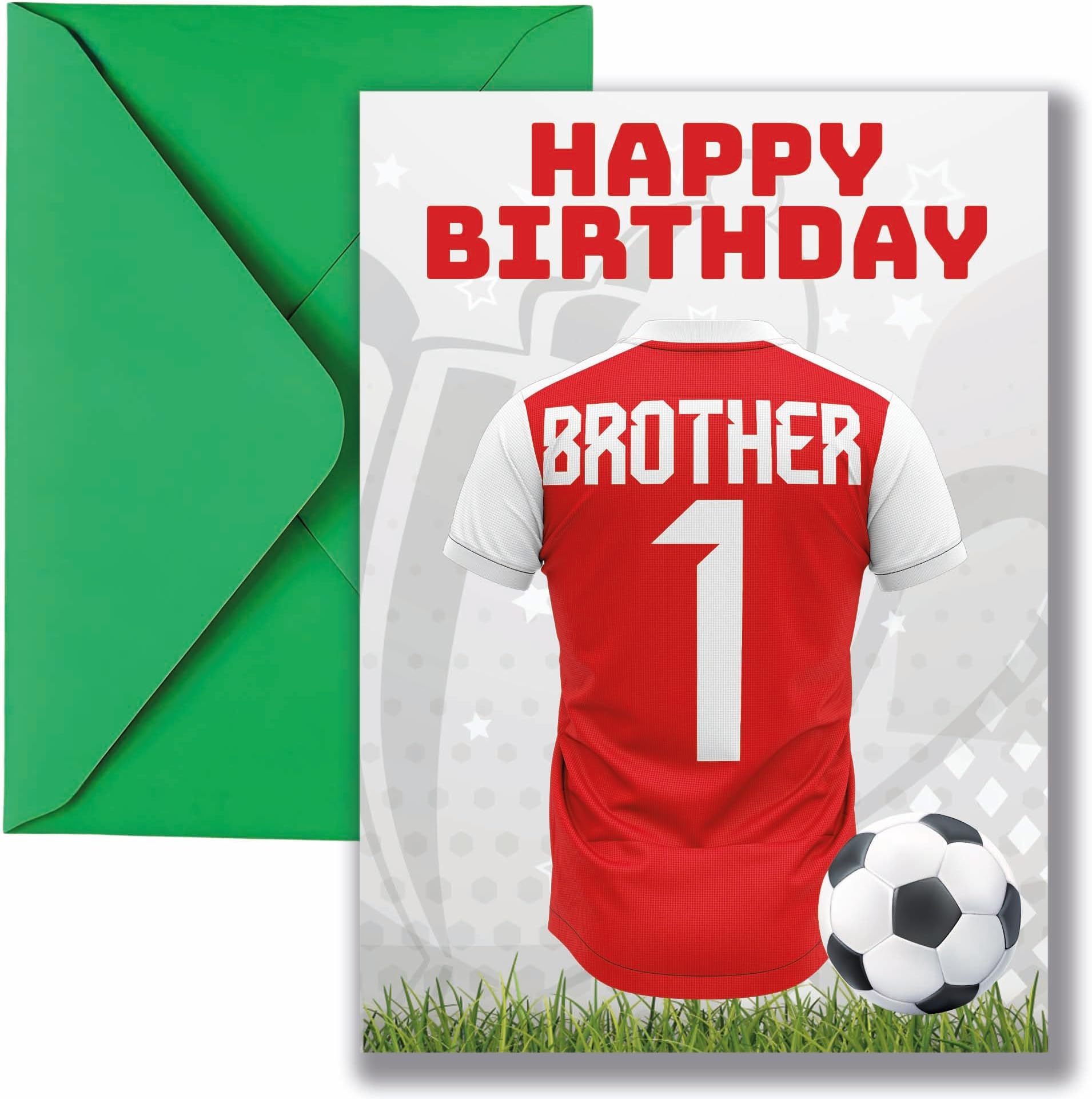 AK Giftshop Brother Football Birthday Card, Jersey Design, A5 Size, with Green Envelope - CUSTOM WITH ANY NUMBER (ARSENAL COLOURS)