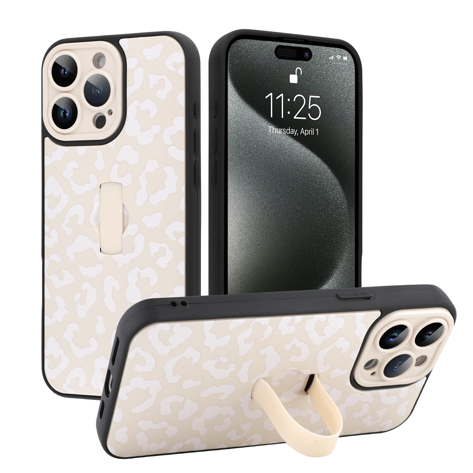 MOWIME Compatible with iPhone 15 Pro Case with Finger Strap, Cheetah Print Shockproof Soft TPU Protective Cover for Women Girls, Slim Anti Scratch