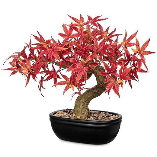 Artificial Maple Bonsai Tree, Mini Japanese Bonsai Plant in Ceramic Pot, Faux Potted Maple Desk Ornament, Indoor Tabletop Home Office Decor, Zen Garden Decoration