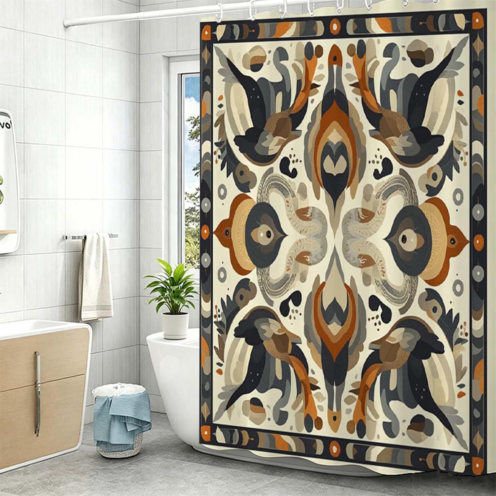 Tenda Doccia in Poliestere Beige, Tende per Doccia Extra Lunga 230x180cm, Retro Tenda Vasca da Bagno Tessuto Lavabile, Impermeabile e Facile da Pulire, con 12 Ganci, Decorazione per Bagno, Hotel Z-468