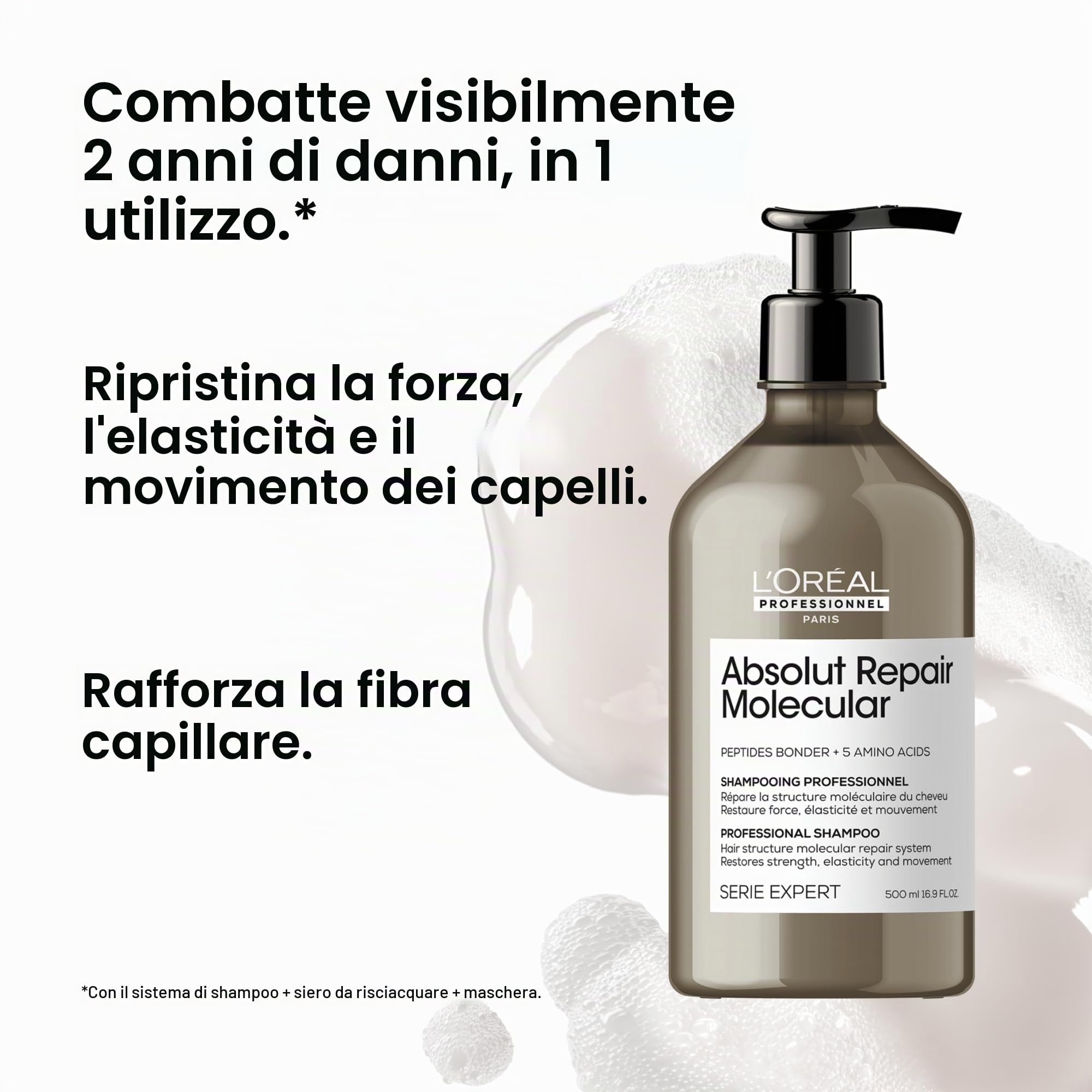 L'Oréal Professionnel Kit Shampoo + Balsamo Liquido Ristrutturante, Per Tutti i Tipi di Capelli Danneggiati, Meno Danni e Maggiore Forza, Senza Solfati, Absolut Repair Molecular, 500ml + 250ml