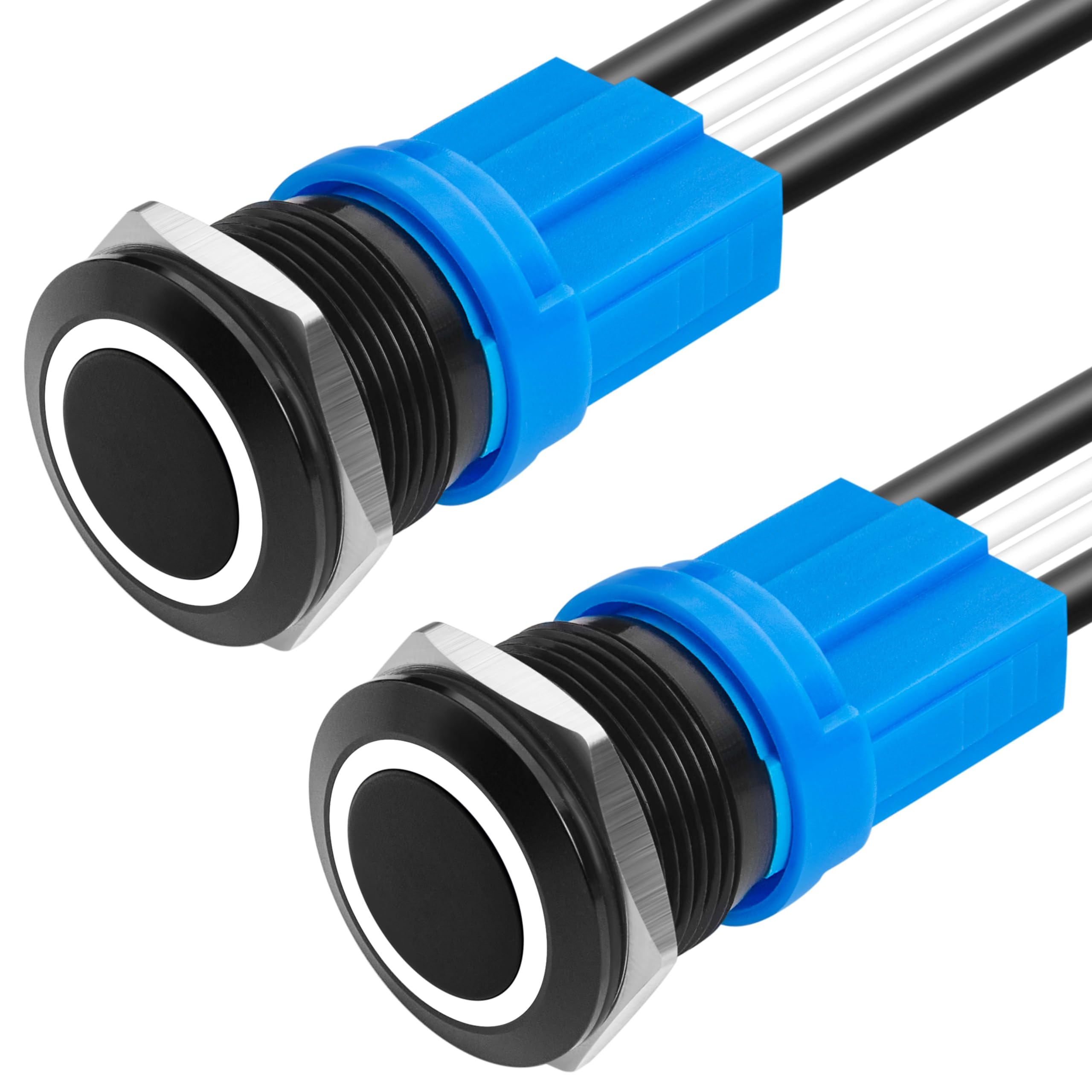 KWONONG LED Latching Push Button Switch, Aluminum Alloy, IP67 Waterproof 5-24V 20A 1NO, with Wire Socket Plug (2, White, 19mm)