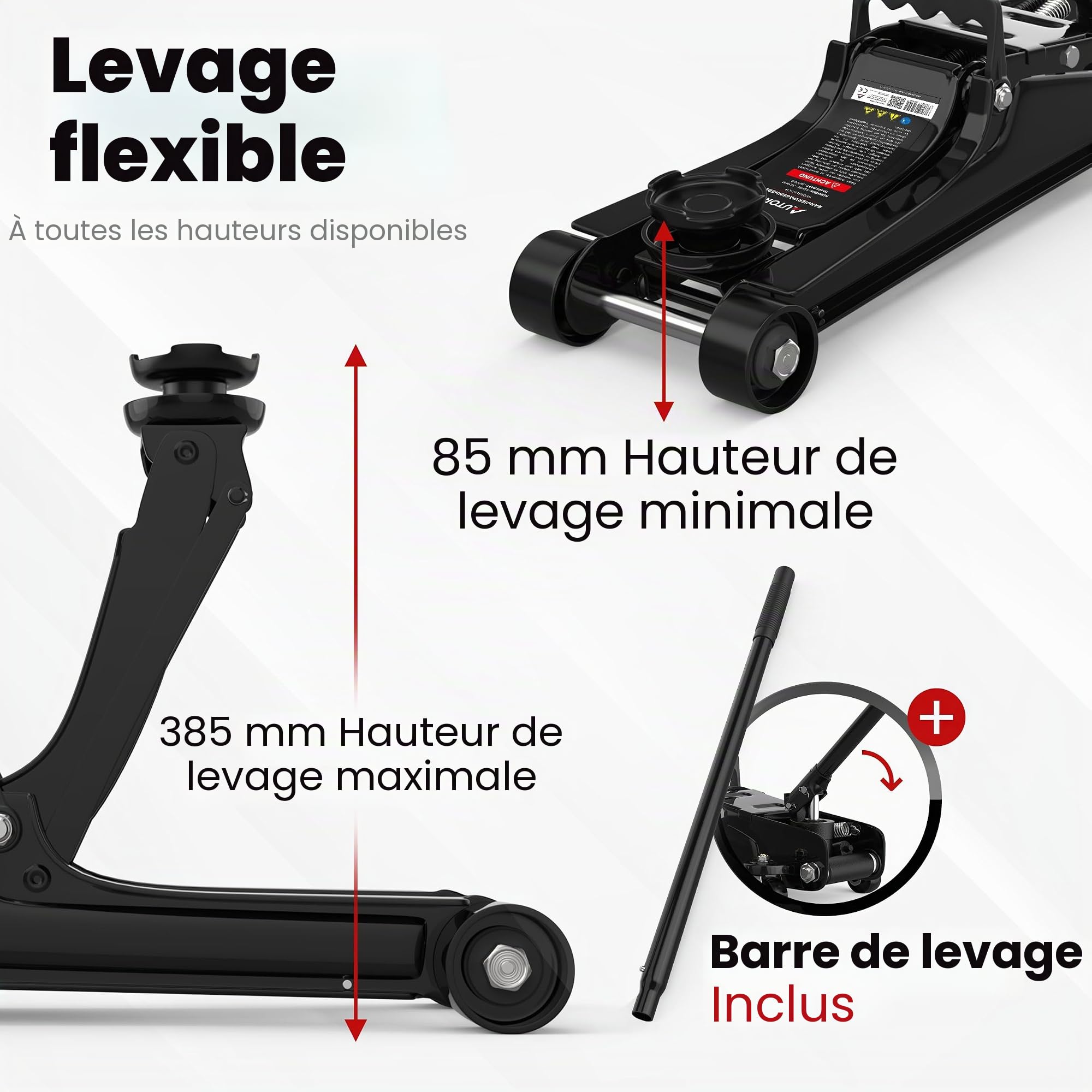 AUTORIA Cric 2,5T – Cric hydraulique plat avec mallette, 3X support en caoutchouc et adaptateurs – pour voitures et véhicules surbaissés – jusqu’à 2 500 kg de capacité de levage