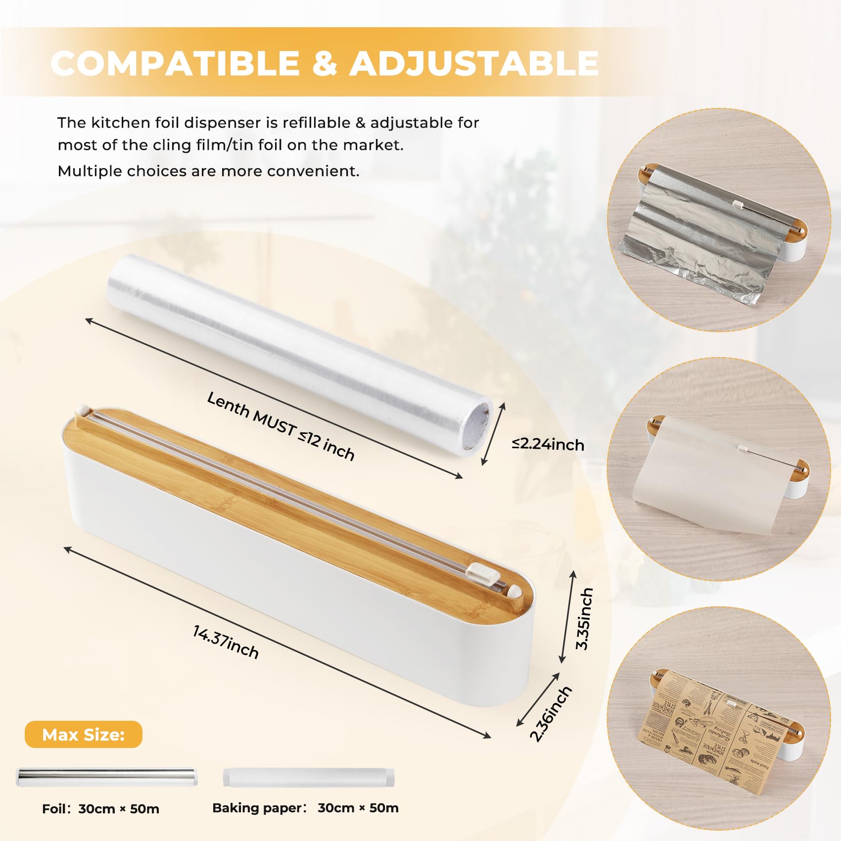Quasziwa Aluminum Foil & Cling Film Dispenser and Cutter, Magnetic & No-Drill Wall Mount - Image 4