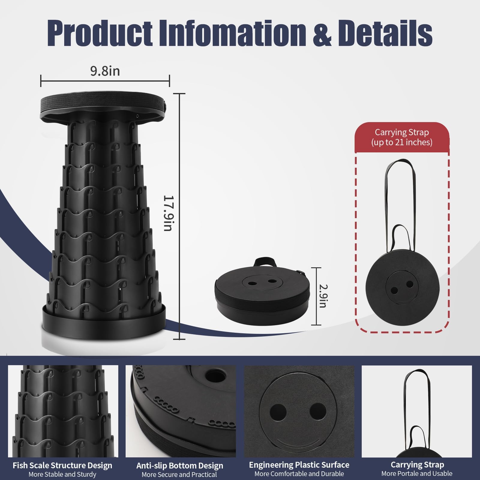 Kicyosl Collapsible Stool, Camping Stools for Adults with Load Capacity 400lbs?Upgraded Folding Seats with Carrying Straps for Outdoor Fishing Hiking Gardening Travel BBQ (Black)