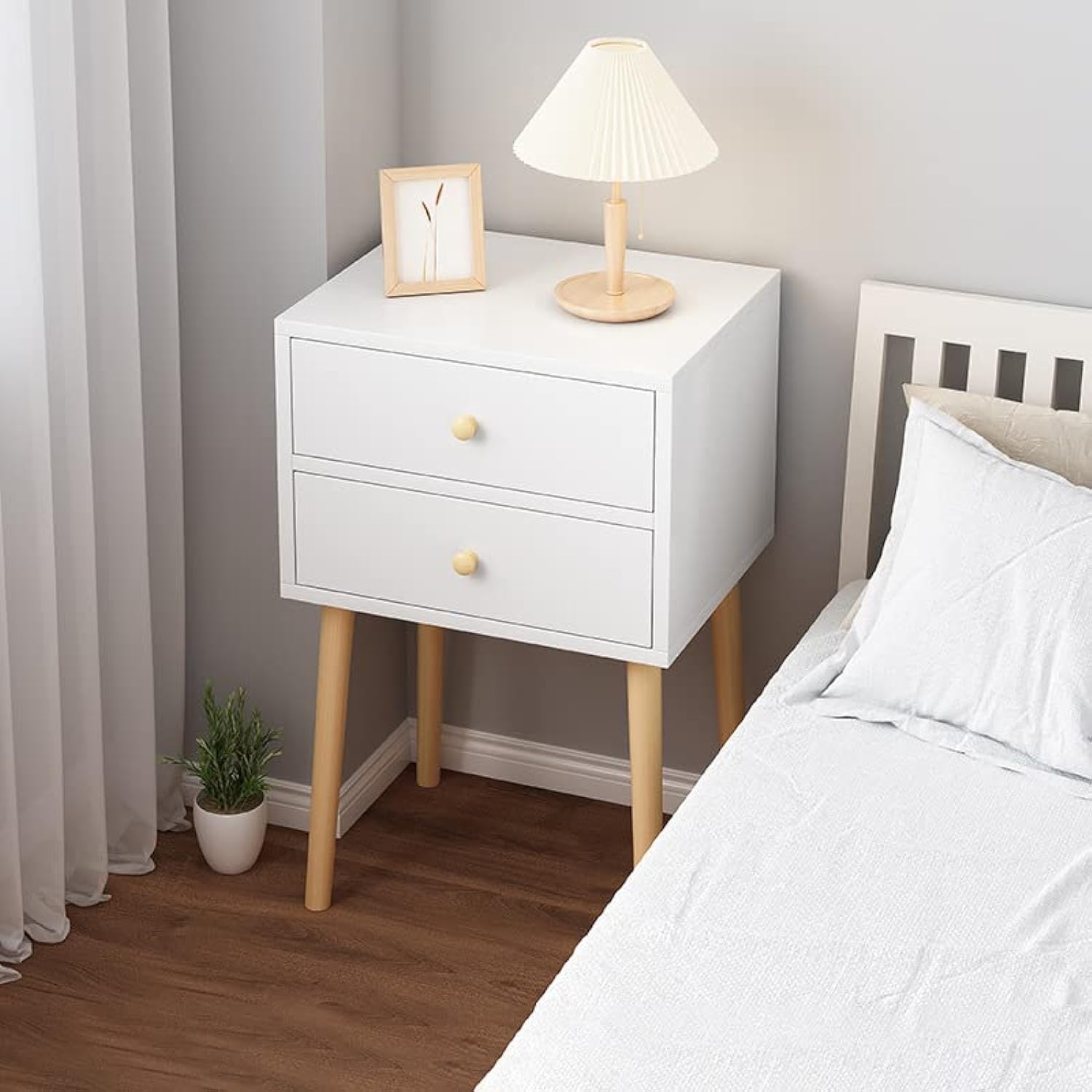 SEEMIE NightStand with Fabric Drawer, Bedside Table with Solid Wood Legs, Minimalist and Practical End Side Table (White)