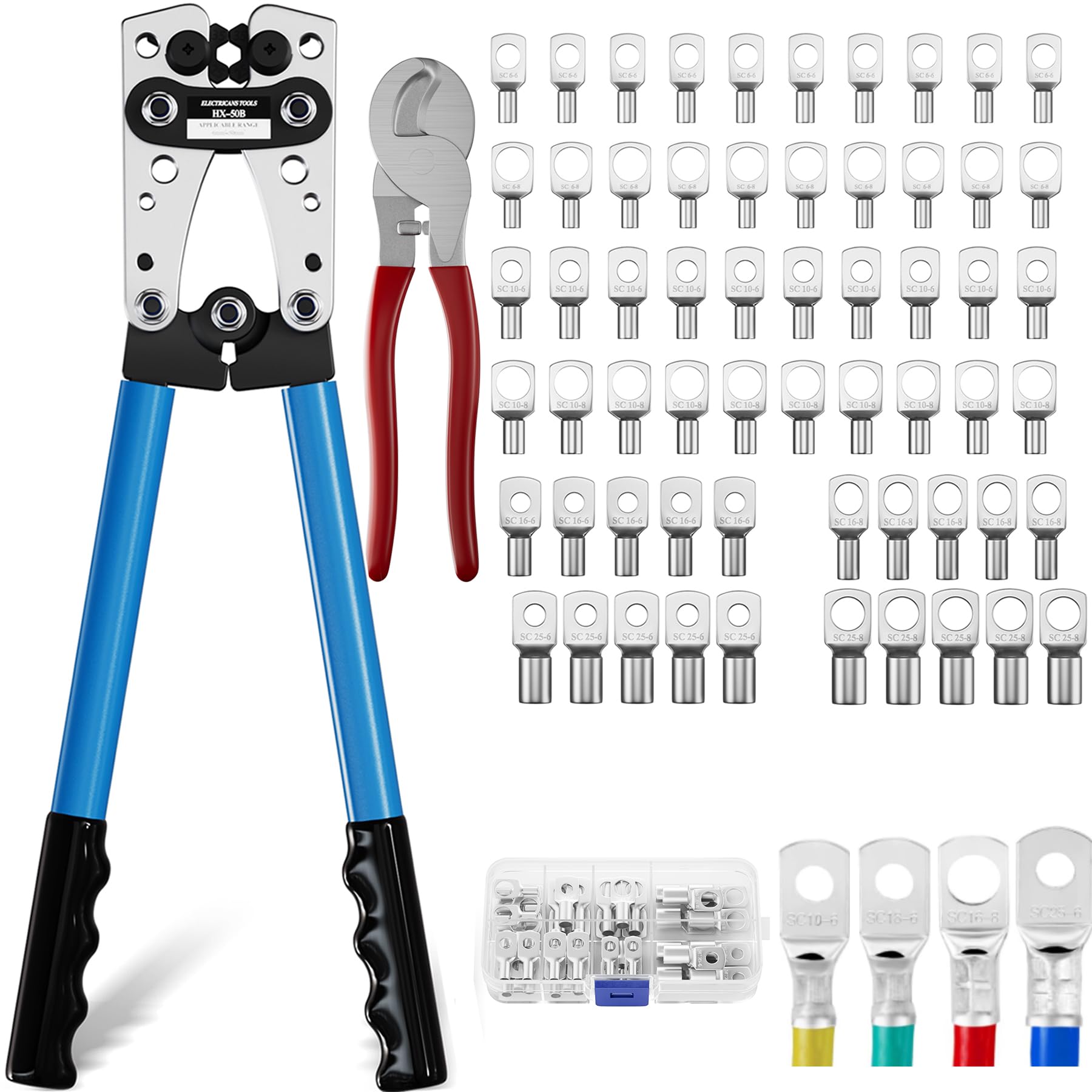Koolcover Battery Cable Crimping Tool Kit, Heavy Duty Wire Crimping Tool with 60 PCS Copper Ring Terminals, Tubular Cable Lug Pliers for Battery Cables 6/10/16/25/35/50 mm² (HX50B Crimper+terminals)