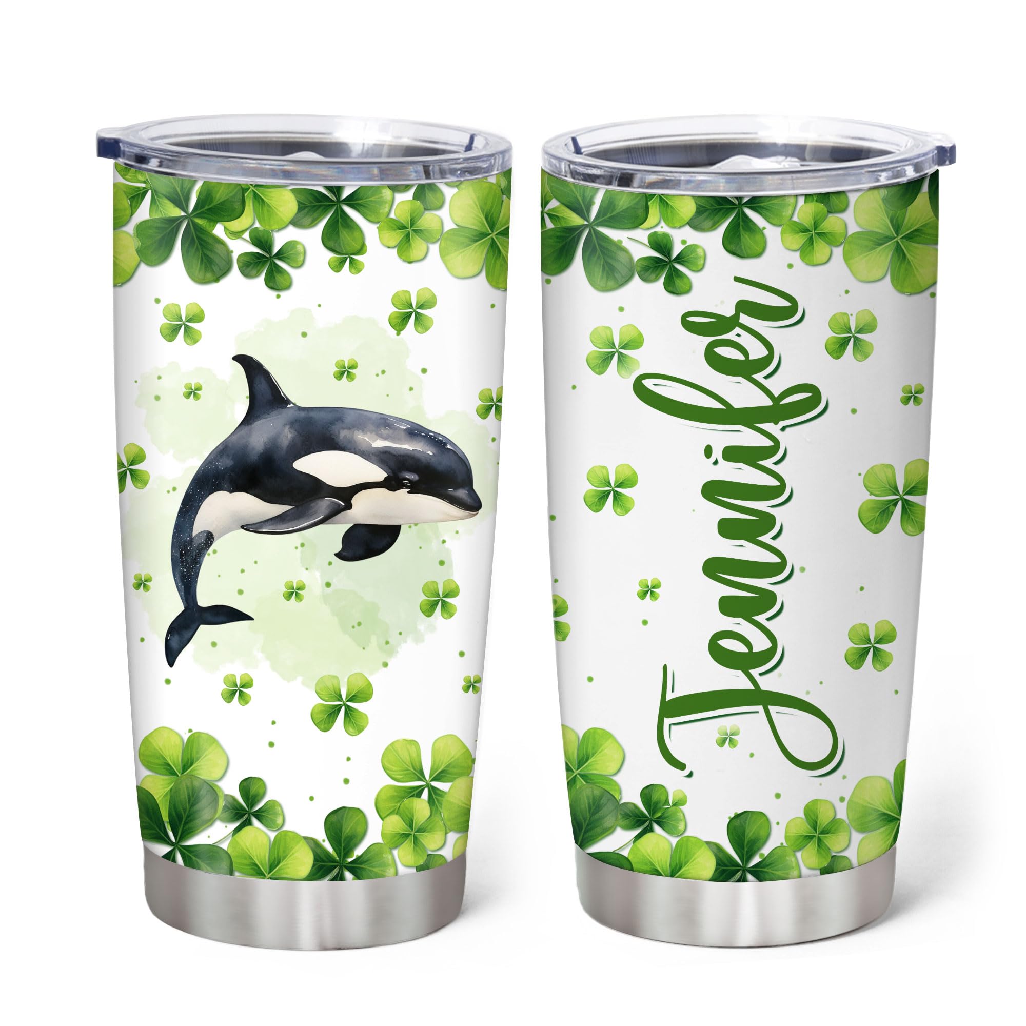 Hyturtle Personalized Gifts Orca Lover - With Lucky Four Leaf Clover Custom Name Coffee Tumbler Cup Stainless Steel 20oz, Sea Animal Lover Gifts For Women, Girl On Birthday, St Patricks Day