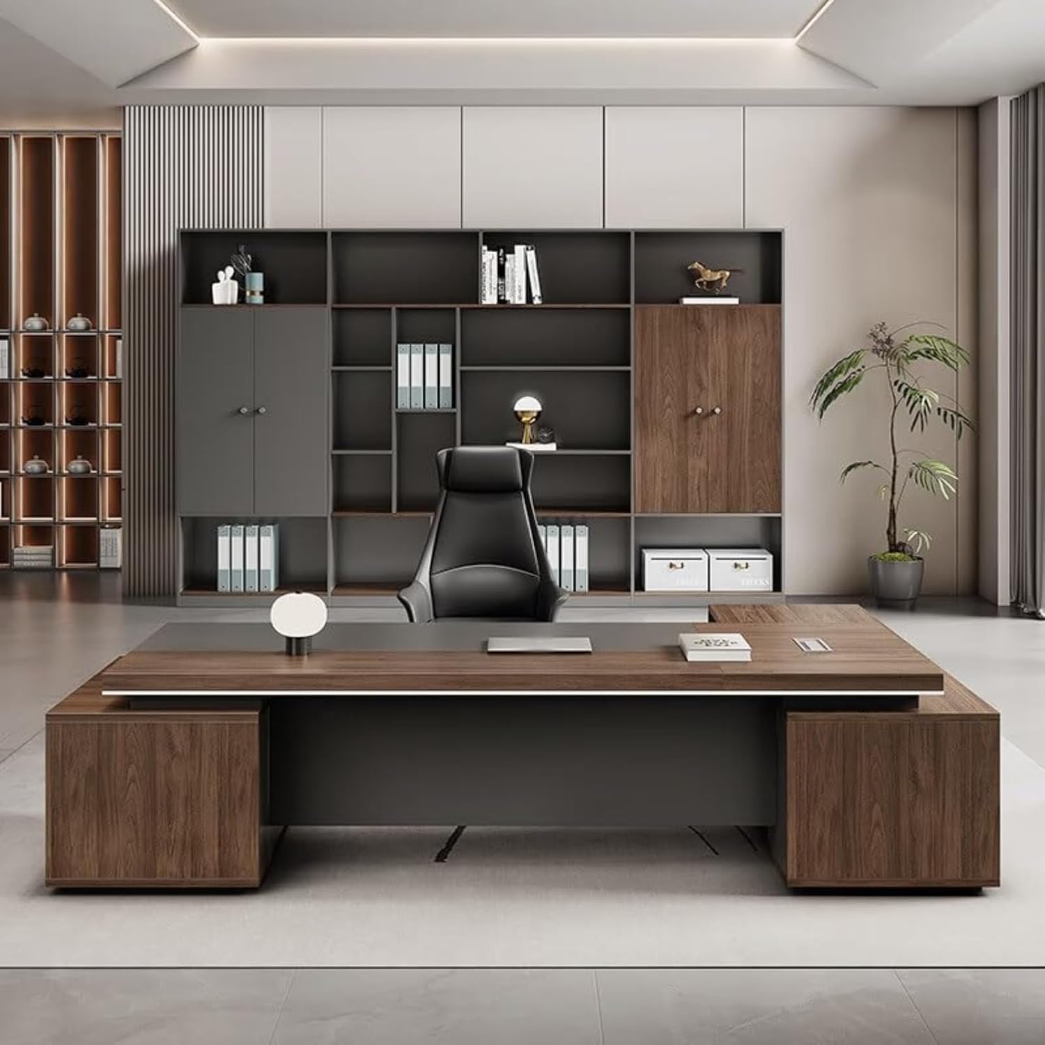 102" Brown Executive Office Desk, Computer Desk with Storage Cabinet, Study Gaming Table Business Furniture Set for Study, Work, Gaming