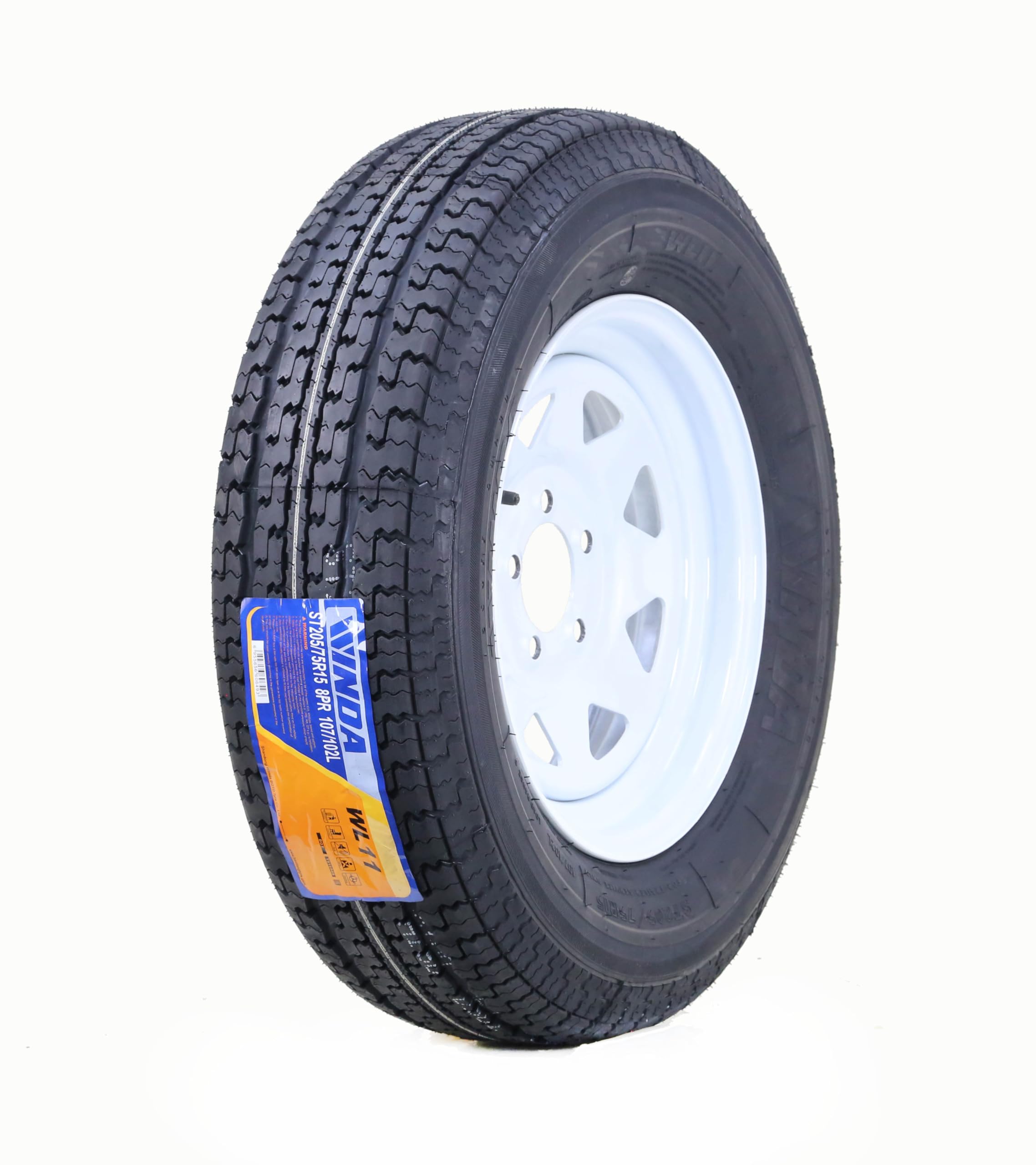 WINDA Trailer Tire Wheel Assembly ST205/75R15 8-Ply D 107L 5 Lug on 4.5" PCD White Spoke Rim