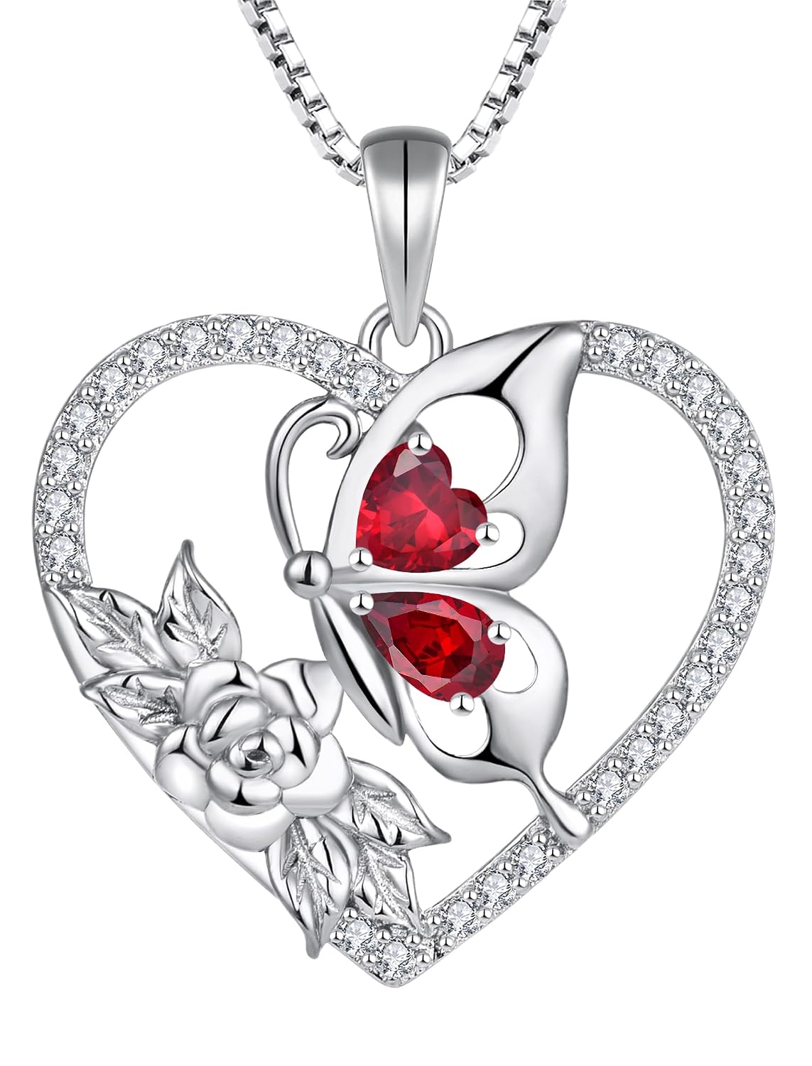 YL Women's Butterfly Necklace 925 Sterling Silver Flower Rose Pendant Birthstone Halo Jewelry
