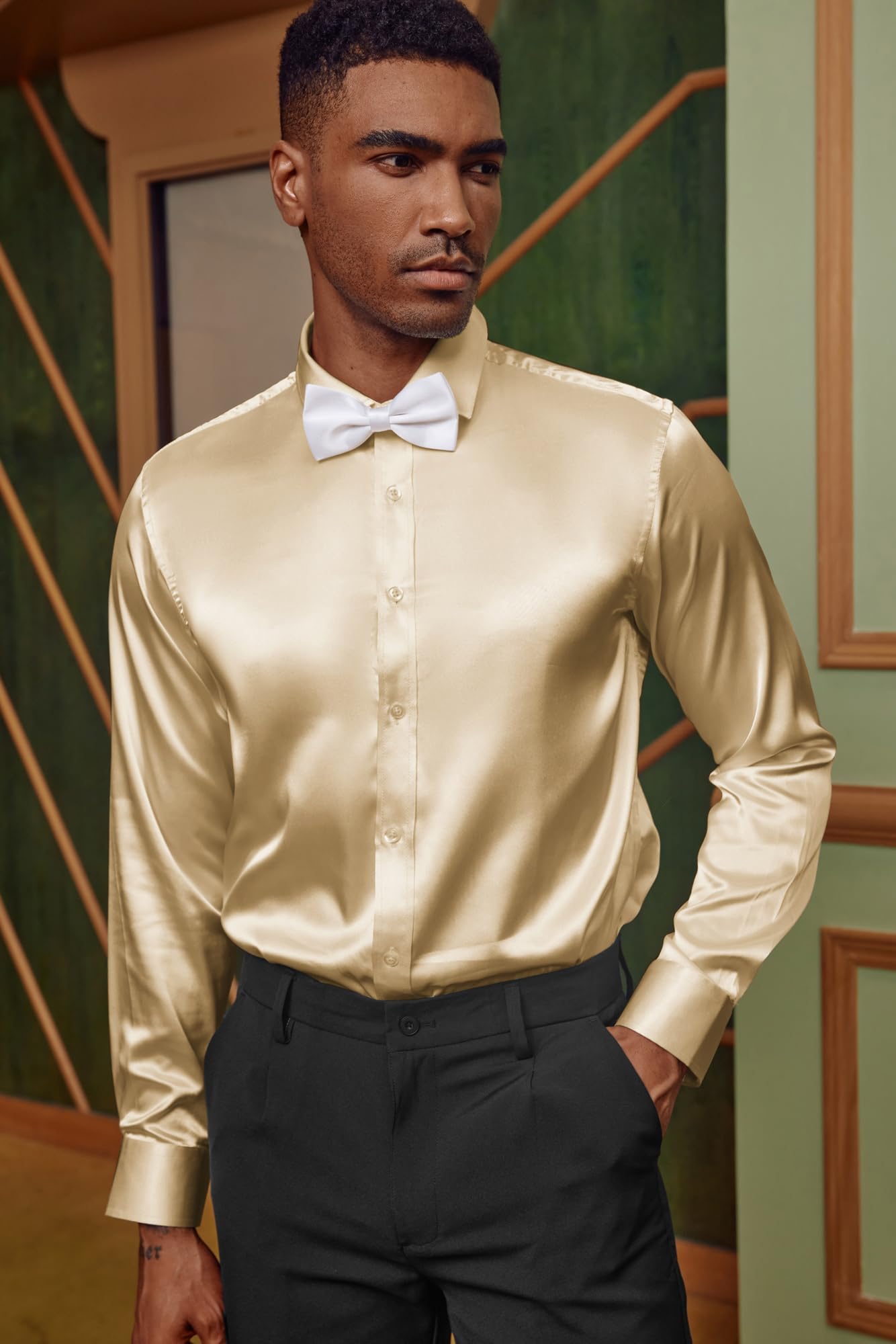 PaulJones Camisa de negocios para hombre, manga larga, sin planchado, satén, fiesta, boda, camisa con pajarita a juego | Camisas de esmoquin de seda para hombre, camisas de lujo con botones para boda, fiesta, discoteca, graduación, lentejuelas