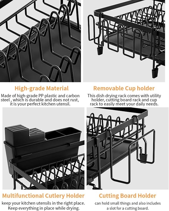 Dish Drying Rack,Expandable Dish Rack with Drainboard for Kitchen Counter,Carbon Steel Dish Drainer Utensil Holder,Rust Proof,Space Saving