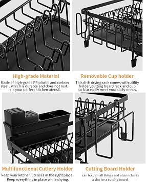 Dish Drying Rack,Expandable Dish Rack with Drainboard for Kitchen Counter,Carbon Steel Dish Drainer Utensil Holder,Rust Proof,Space Saving