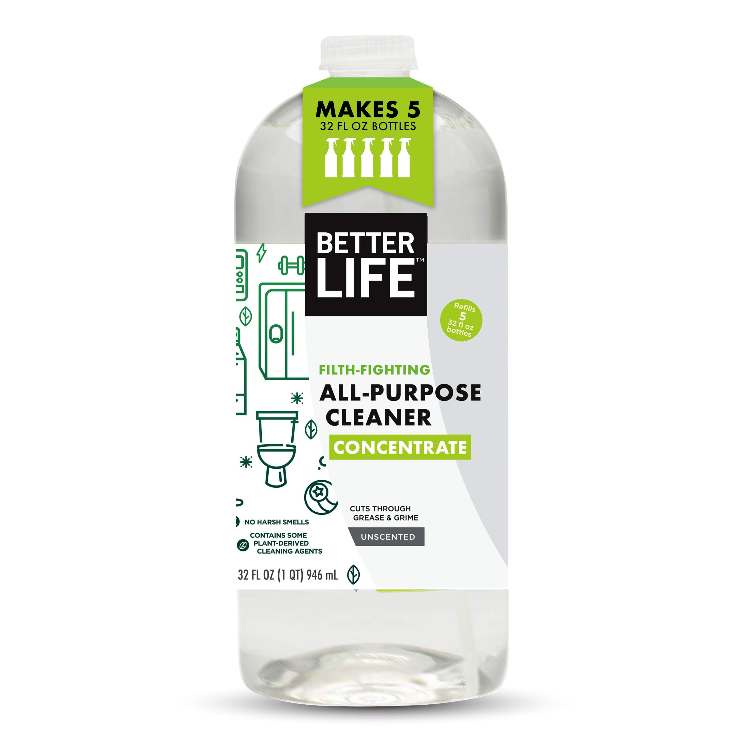 Better Life All Purpose Cleaner Concentrate- Multipurpose Home and Kitchen Cleaner for Glass, Countertops, Appliances, Upholstery & More - 32oz Unscented Concentrate