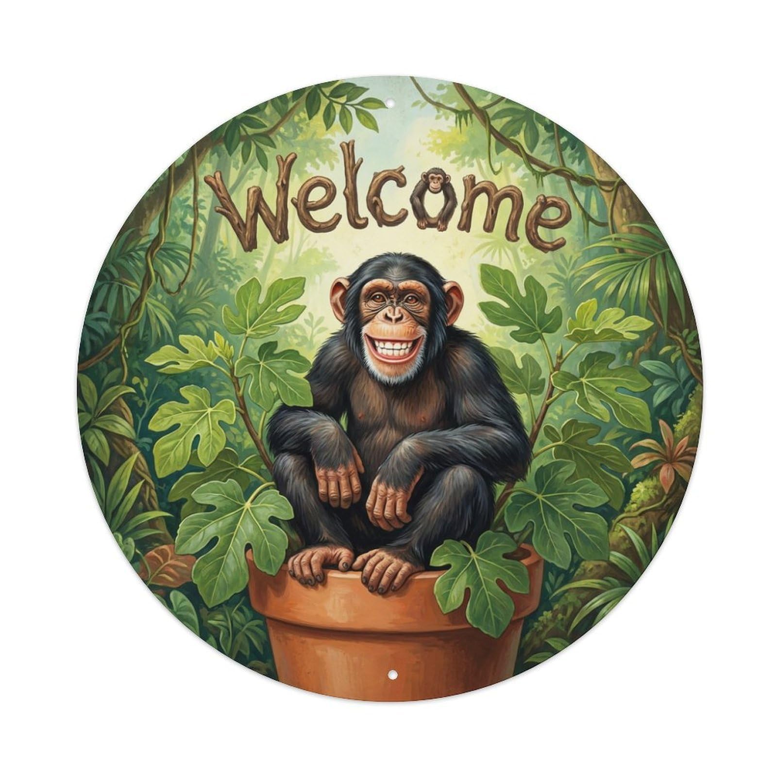 Metal Tin Sign Welcome Chimpanzee Fig Tree