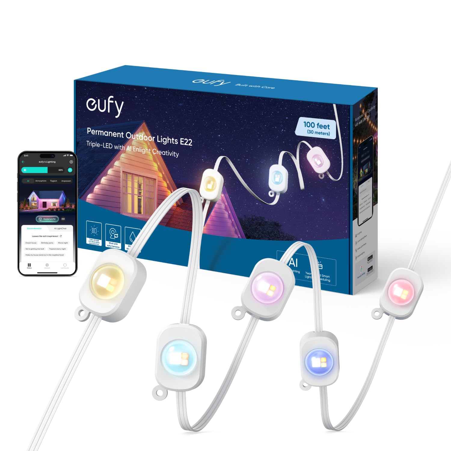 eufy Permanent Outdoor Light E22, 30m mit 60 Triple-LEDs, Smarte RGBWW-Lichter, Alltag & Festtage, bis zu IP67 Wasserdicht, KI-Beleuchtungsthemen für Weihnachten, Kamera-Kompatibel, App-Steuerung
