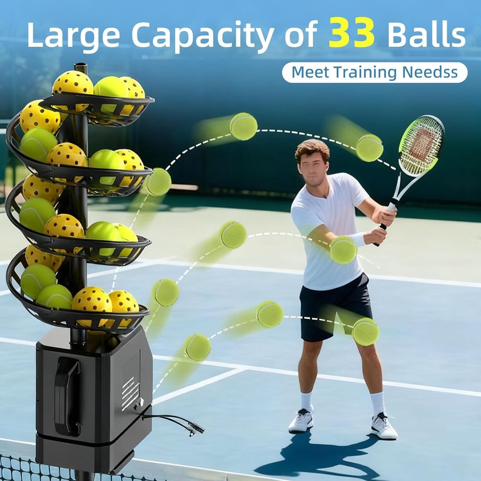 Macchina per palline da tennis con angolo regolabile, consegna della palla ciclica, batteria al litio da 5200 mAh, regolazione in altezza da 1,2 a 3,5 m per allenamento e pratica