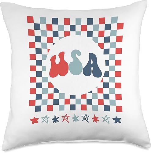USA Nostalgia - Retro Checkered July Retro USA-Checkered July, Vintage, Celebration Throw Pillow, 18x18, Multicolor