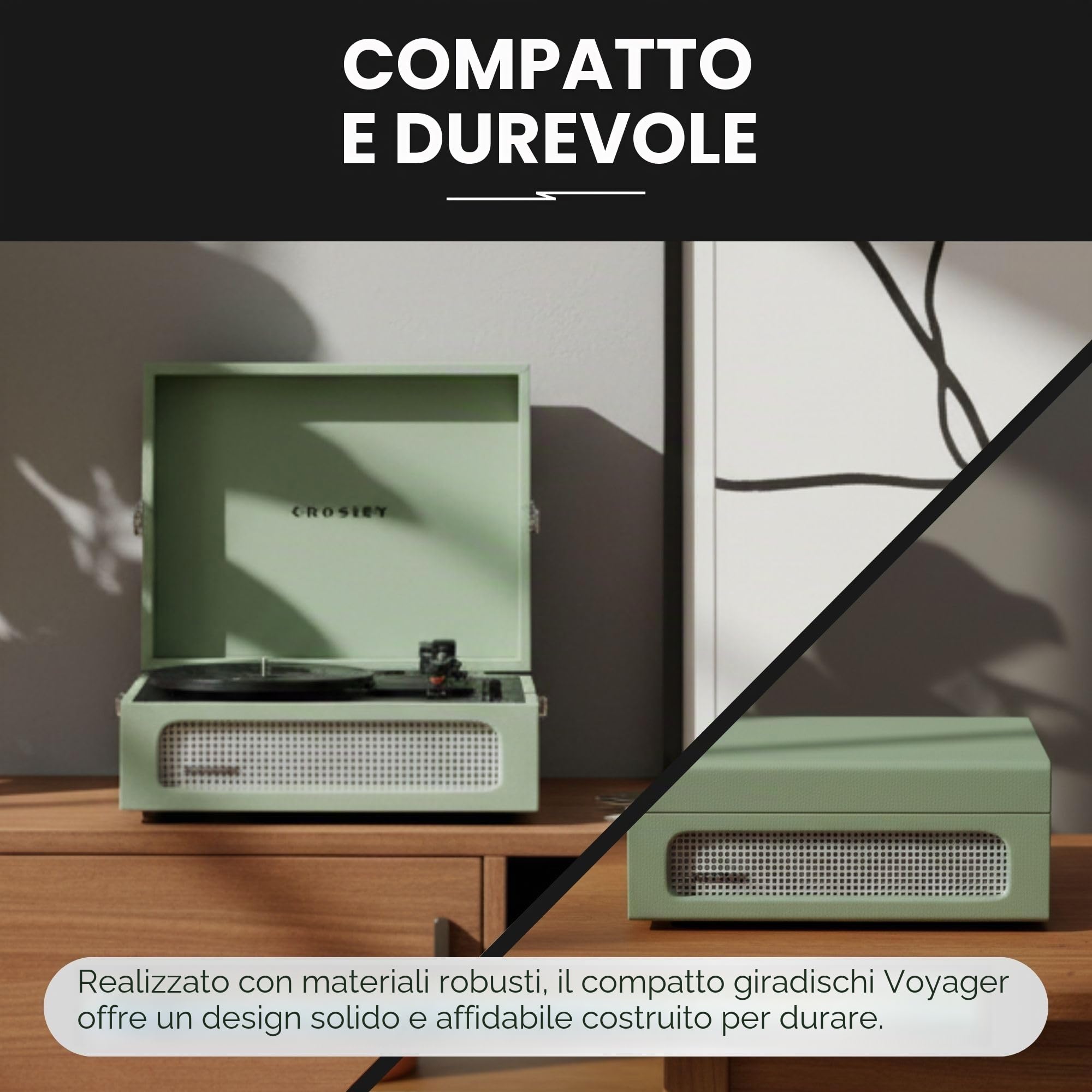 Crosley Voyager Giradischi con 2 altoparlanti, Bluetooth In & Out e AUX - Giradischi Vintage a 3 velocità - Per vinili da 7", 10" e 12" - Portatile con custodia integrata - Sage