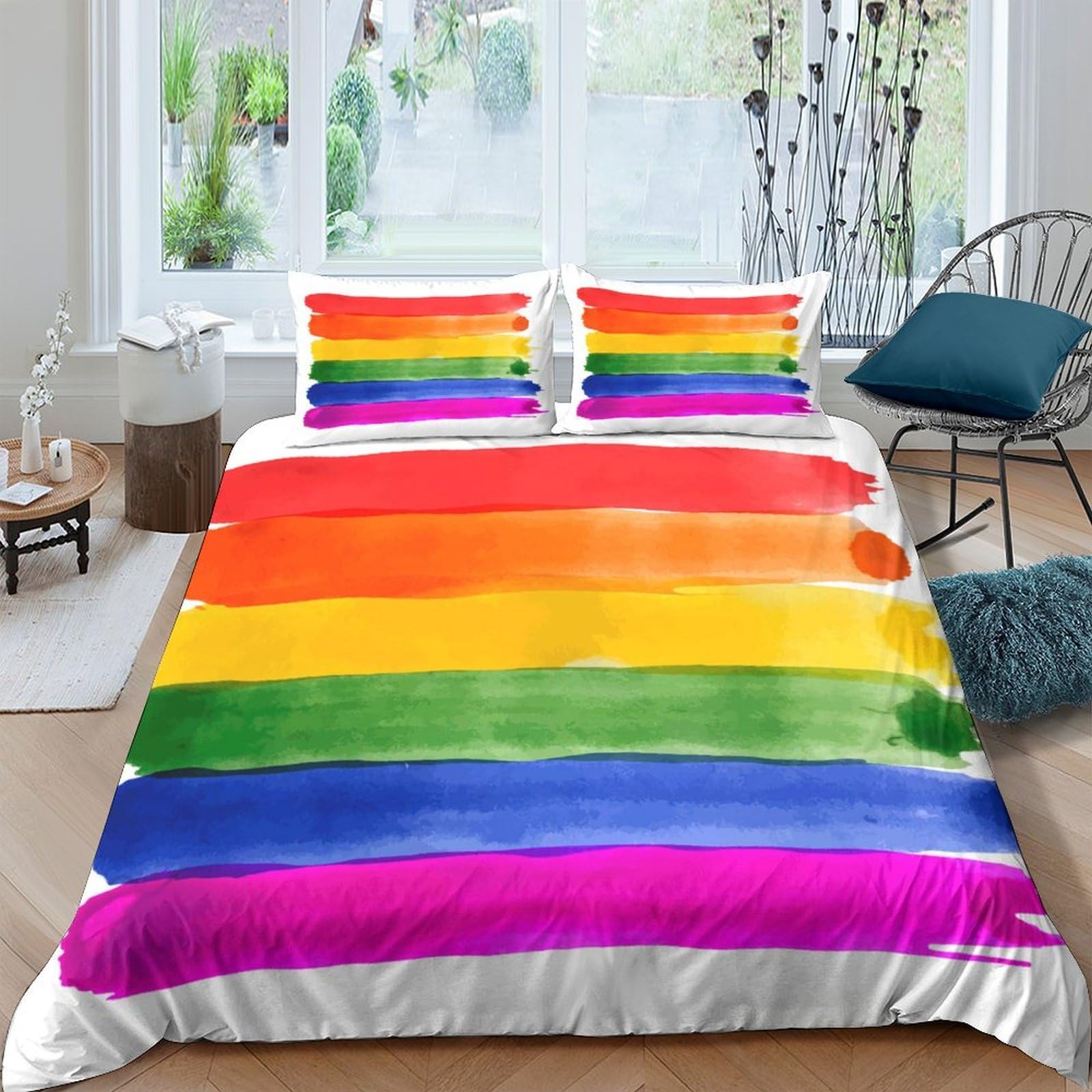 GPLZQXKJNH 3D Printed Rainbow Stripes Duvet Cover Microfiber Soft Colourful Watercolor Bedding Set with 2 Pillowcases for Bedroom Decor Single（135x200cm）