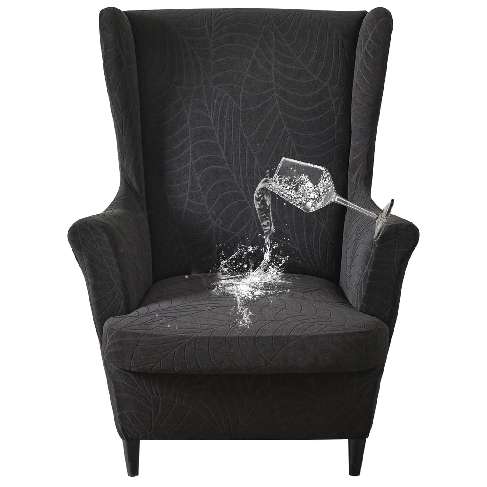 Waterproof Wingback Chair Cover, Stretch Jacquard Wing Chair Slipcovers 2 Piece, Wingback Armchair Sofa Slipcover Super Soft Fabric Furniture Protector with Elastic Bottom for Living Room Bedroom