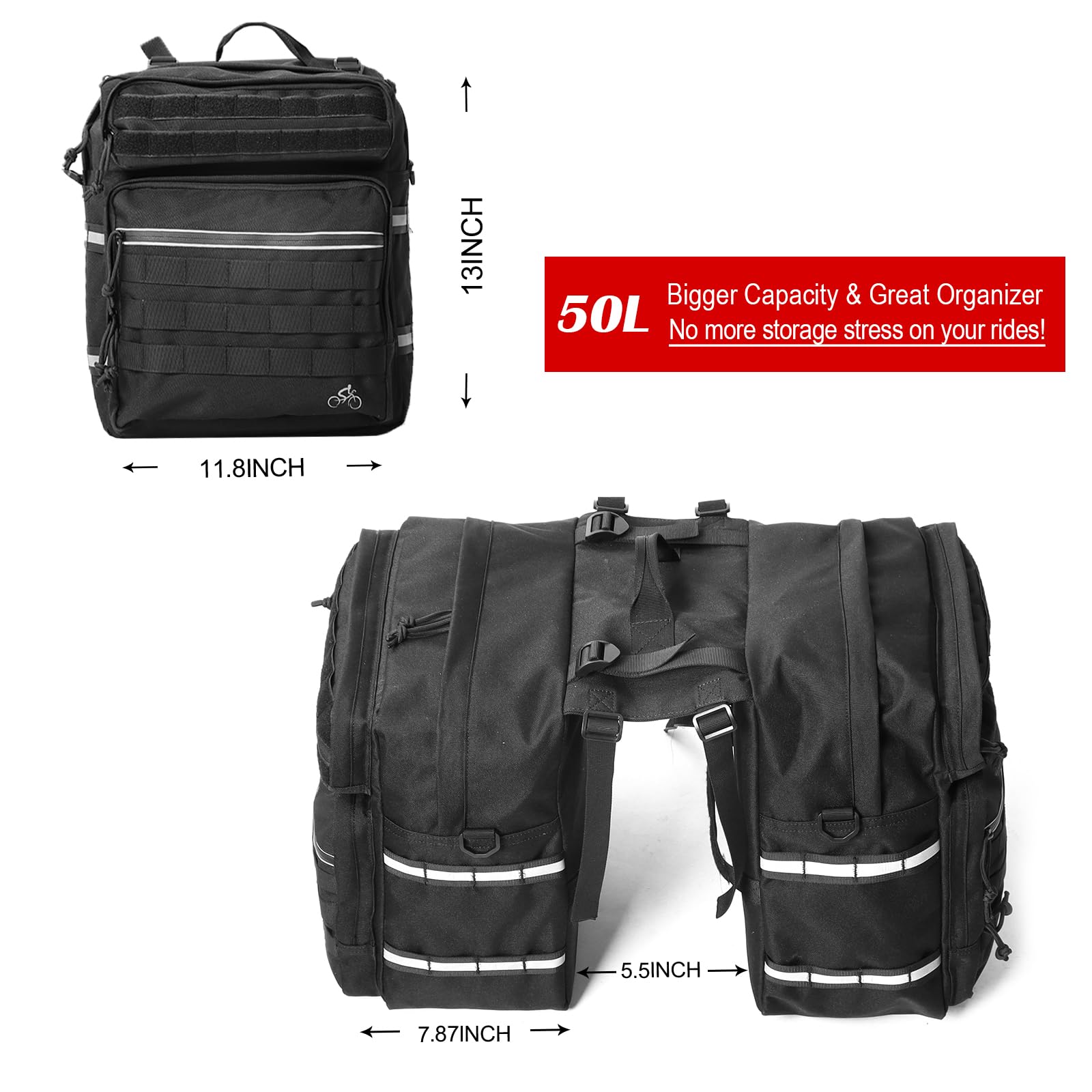 Axiniu Bike Panniers Bag 50L Bicycle Panniers for Rear Rack with Waterproof Rain Cover, Ebike Saddle Bags, Bike Rack Bag, Saddlebags for Bikes, Black Large Capacity Reflective Strip